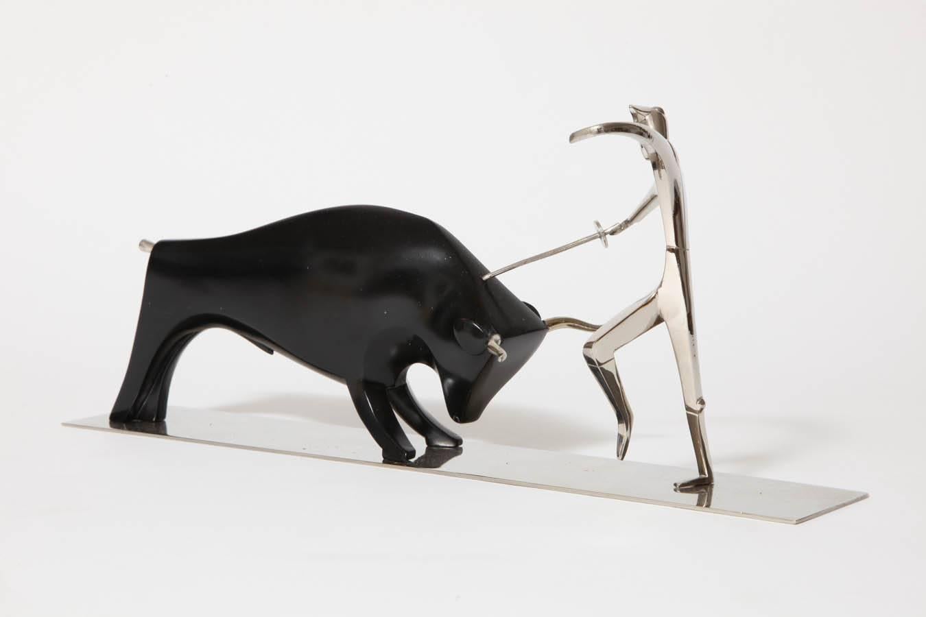 Art Deco Hagenauer Matador and Bull, Nickel Plated Brass and Carved Wood, circa 1930