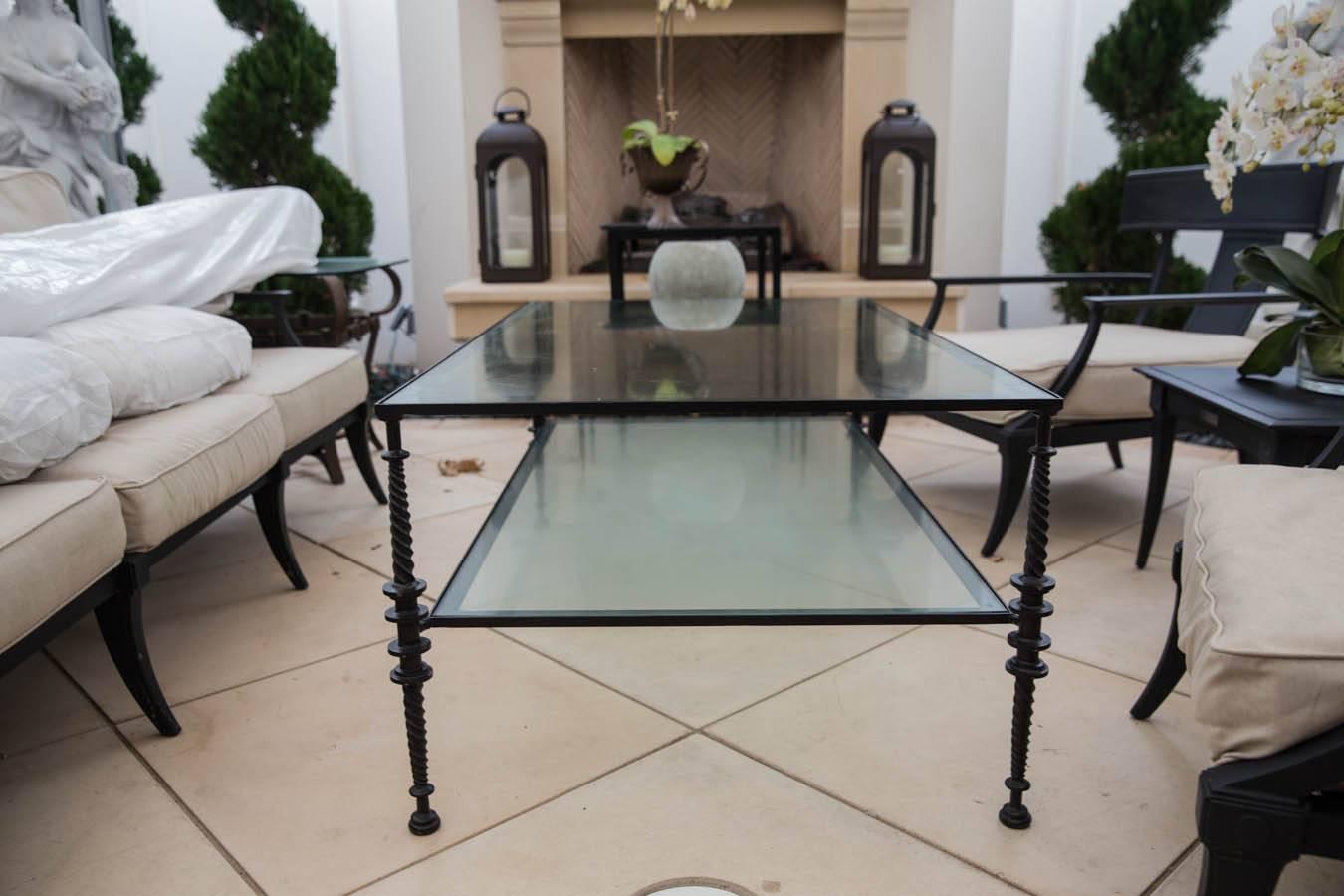 Late 20th Century Giacometti Style Black Wrought Iron Two-Tier Cocktail Table