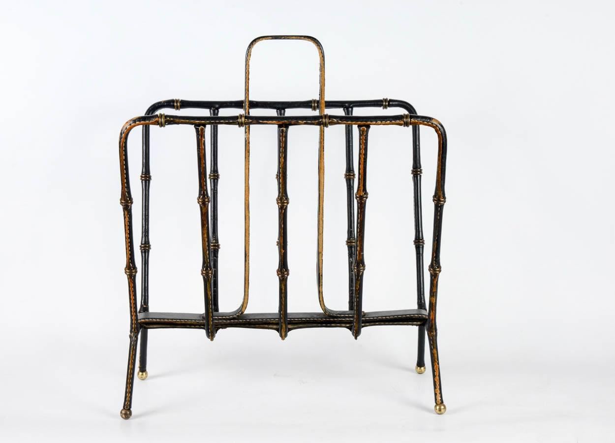 Mid-20th Century 1950s Stitched Leather Magazines Rack by Jacques Adnet For Sale