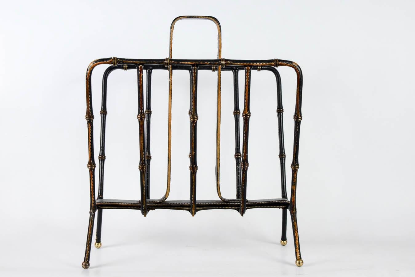 1950s Stitched Leather Magazines Rack by Jacques Adnet For Sale 1
