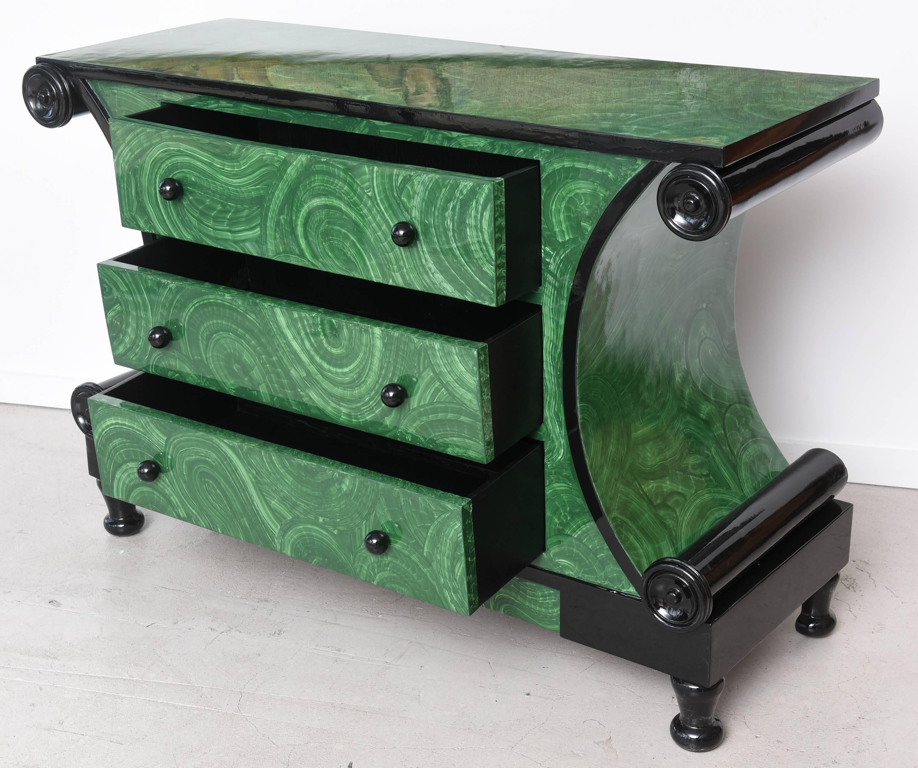 Lacquered Faux Malachite Chest of Drawers For Sale
