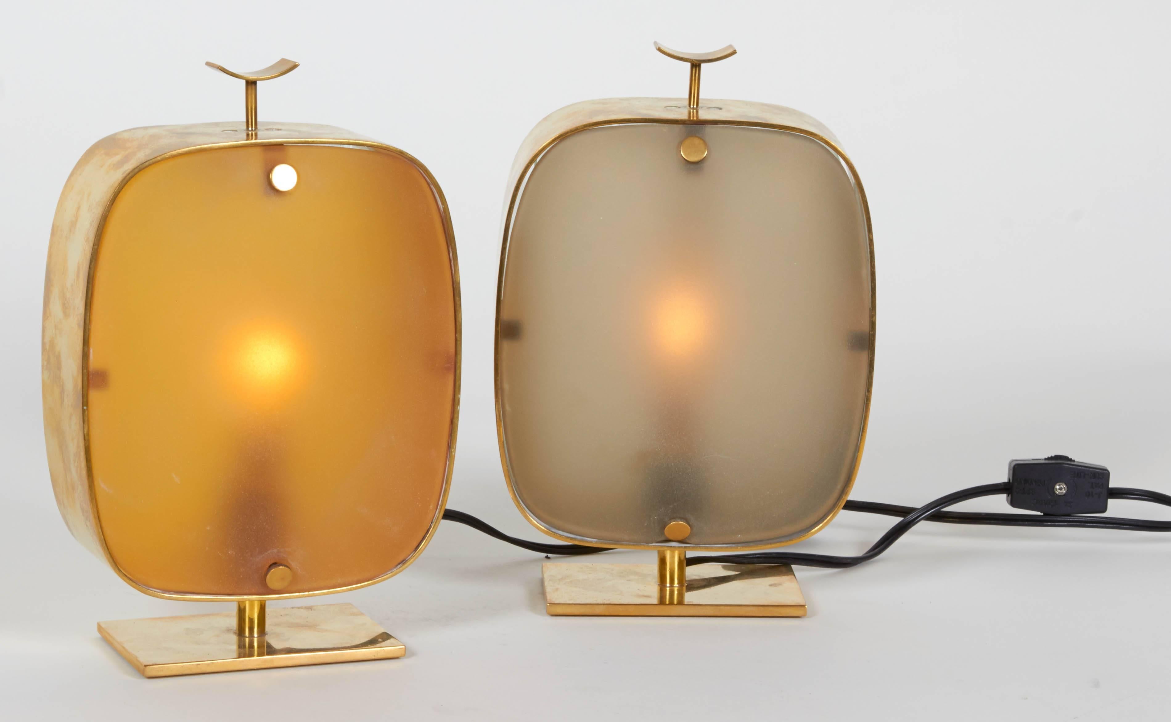 Max Ingrand for Fontana Arte A 2049 table lamp, circa 1960 brass frame with  a light smokey acid etched panel to one side and clear engraved glass panel to the reverse. The amber lamp has  been sold.