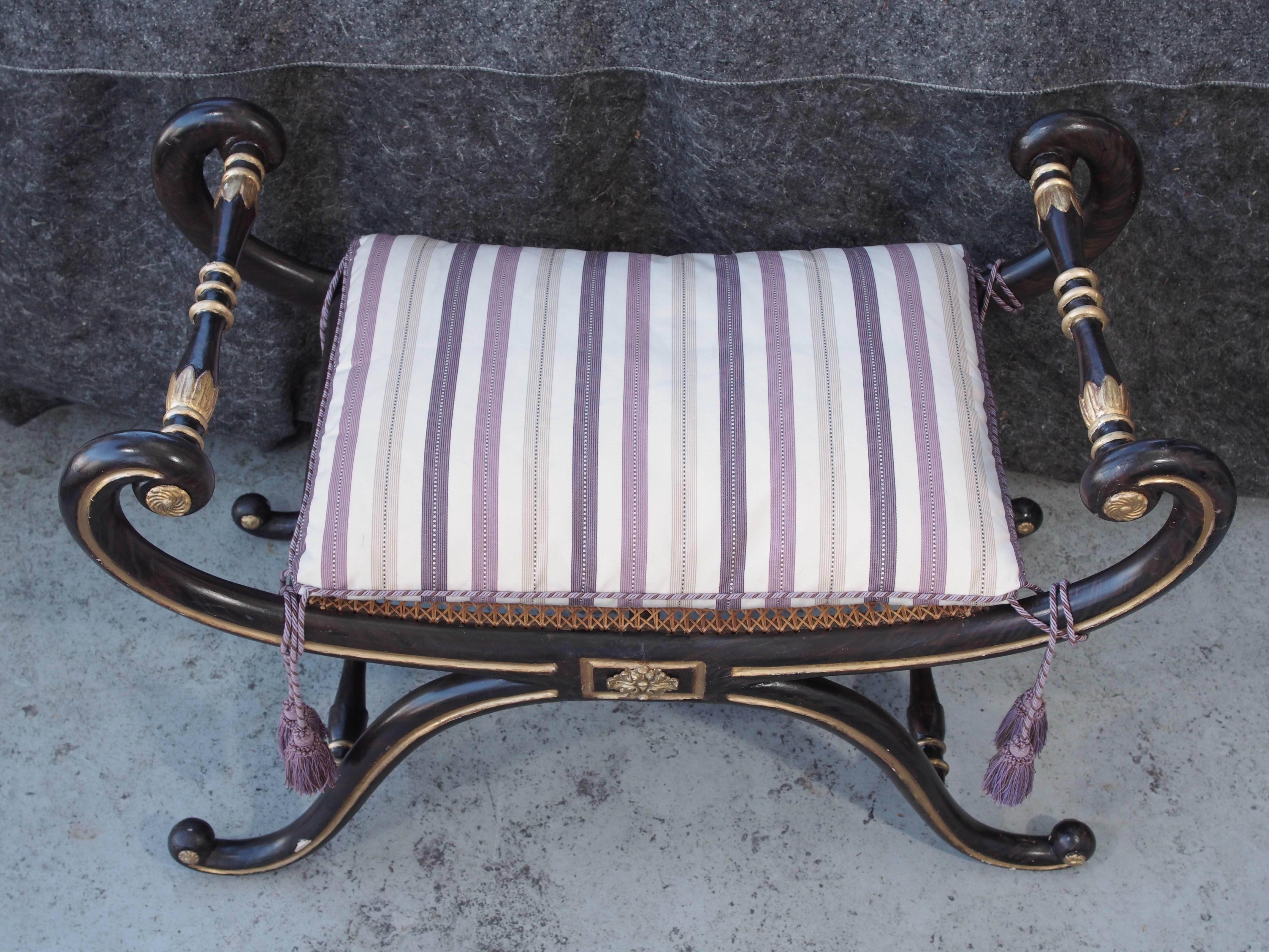 Pair of English Regency faux bois and gilt Curule benches with cane seats. Later cushions.
