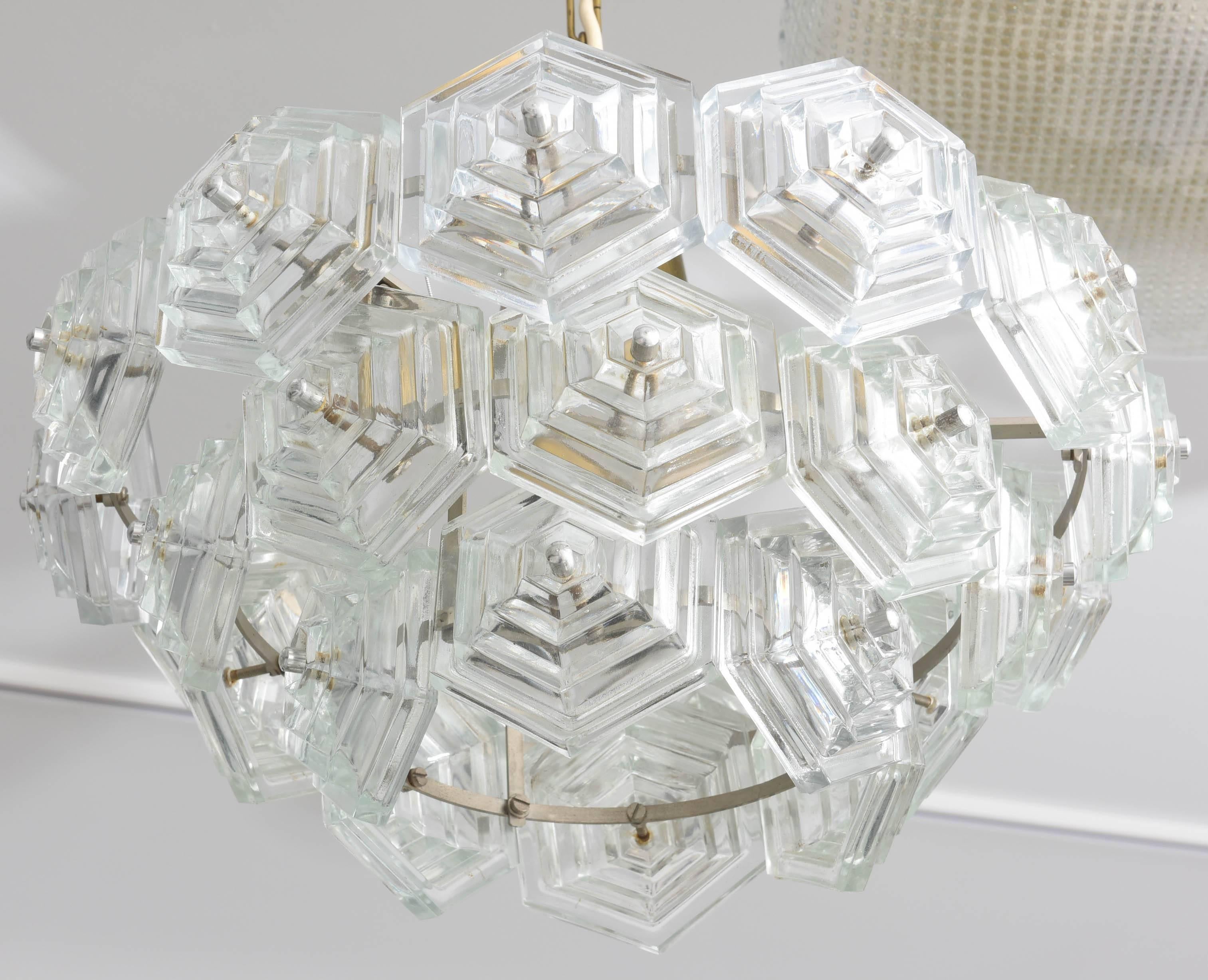 Molded Mid-Century Modern Chandelier, Glass and Brass, Austria, 1960s