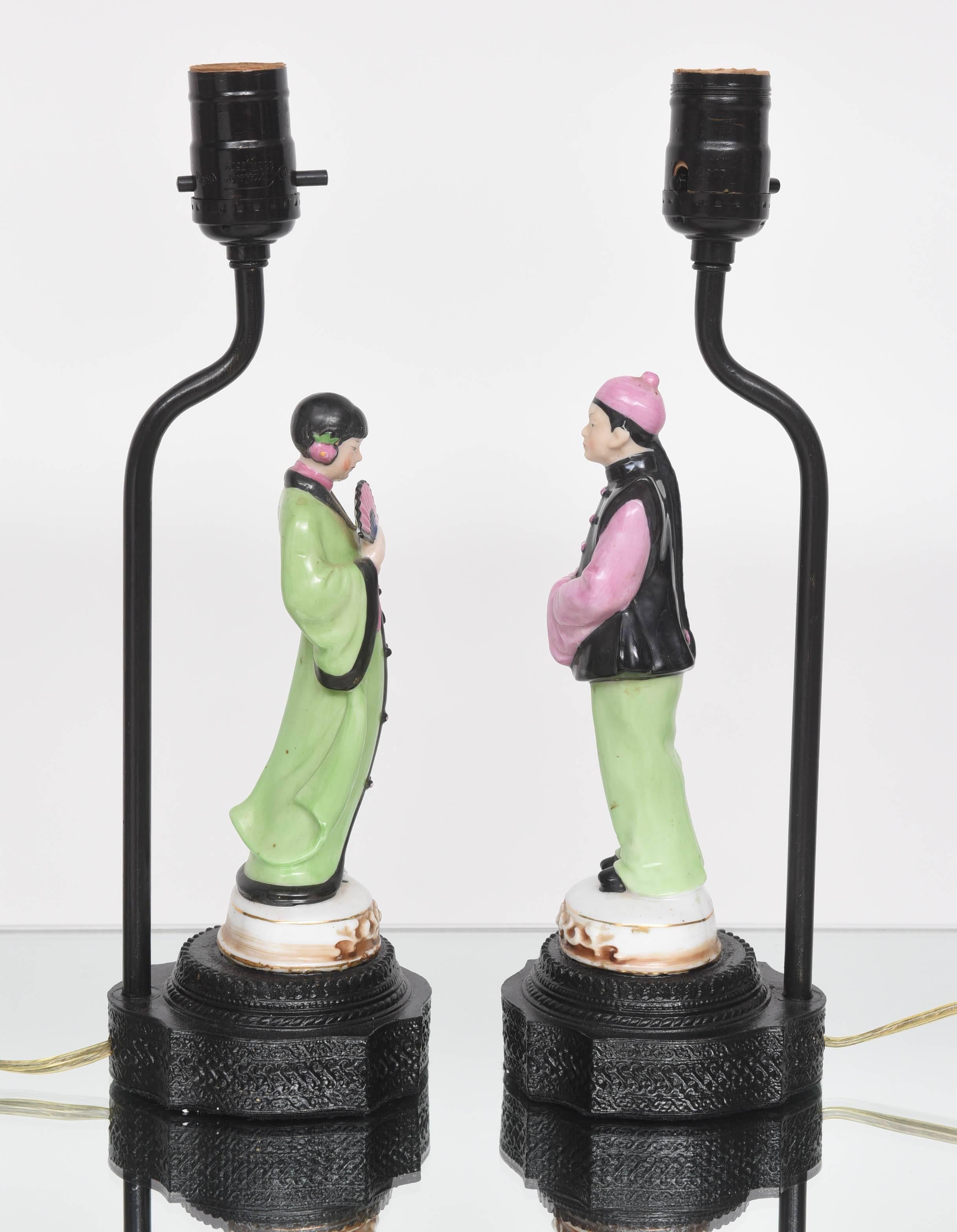20th Century Pair of Art Deco, Hollywood-Regency Style Chinese-Figural Vanity Table Lamps
