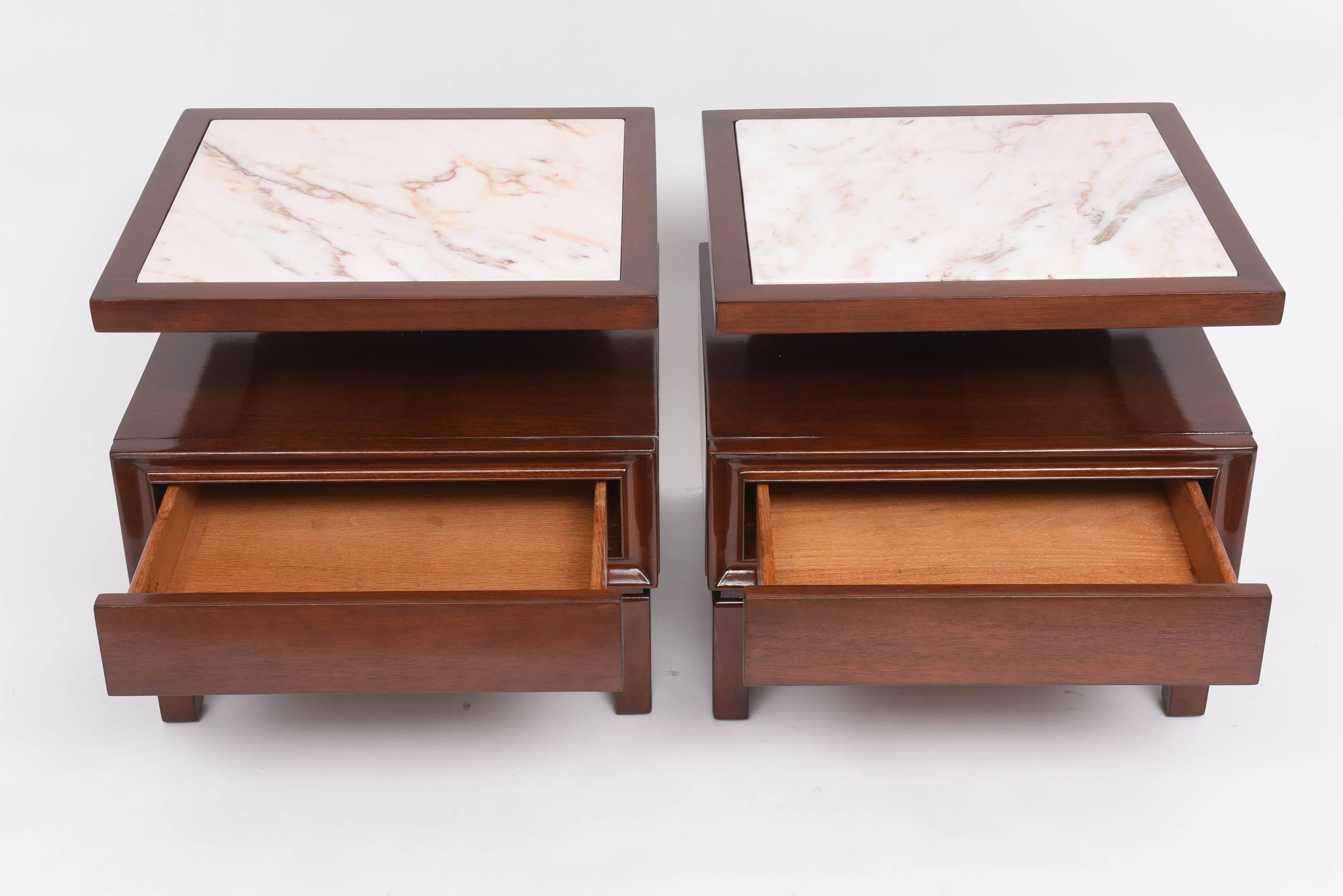 Mid-Century Modern Pr. of Mid-Century Mahogany & Marble Side Tables, Style of Harvey Probber