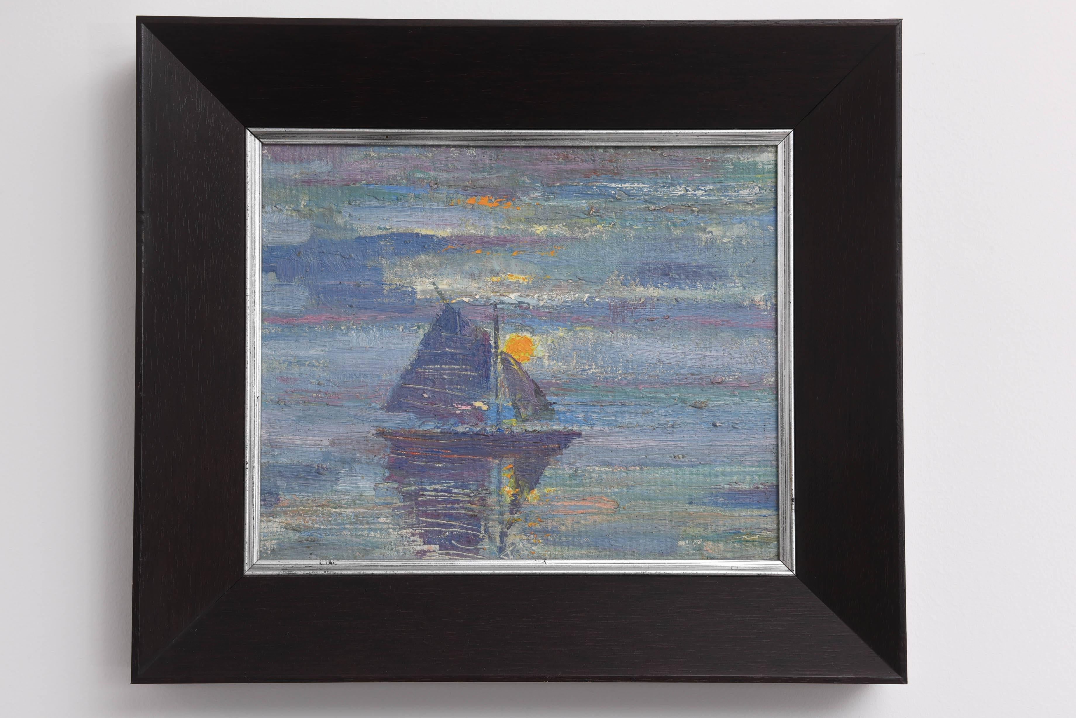Hand-Painted Pr of American Mid-Century Modern, Impressionist Paintings of Sail Boats For Sale