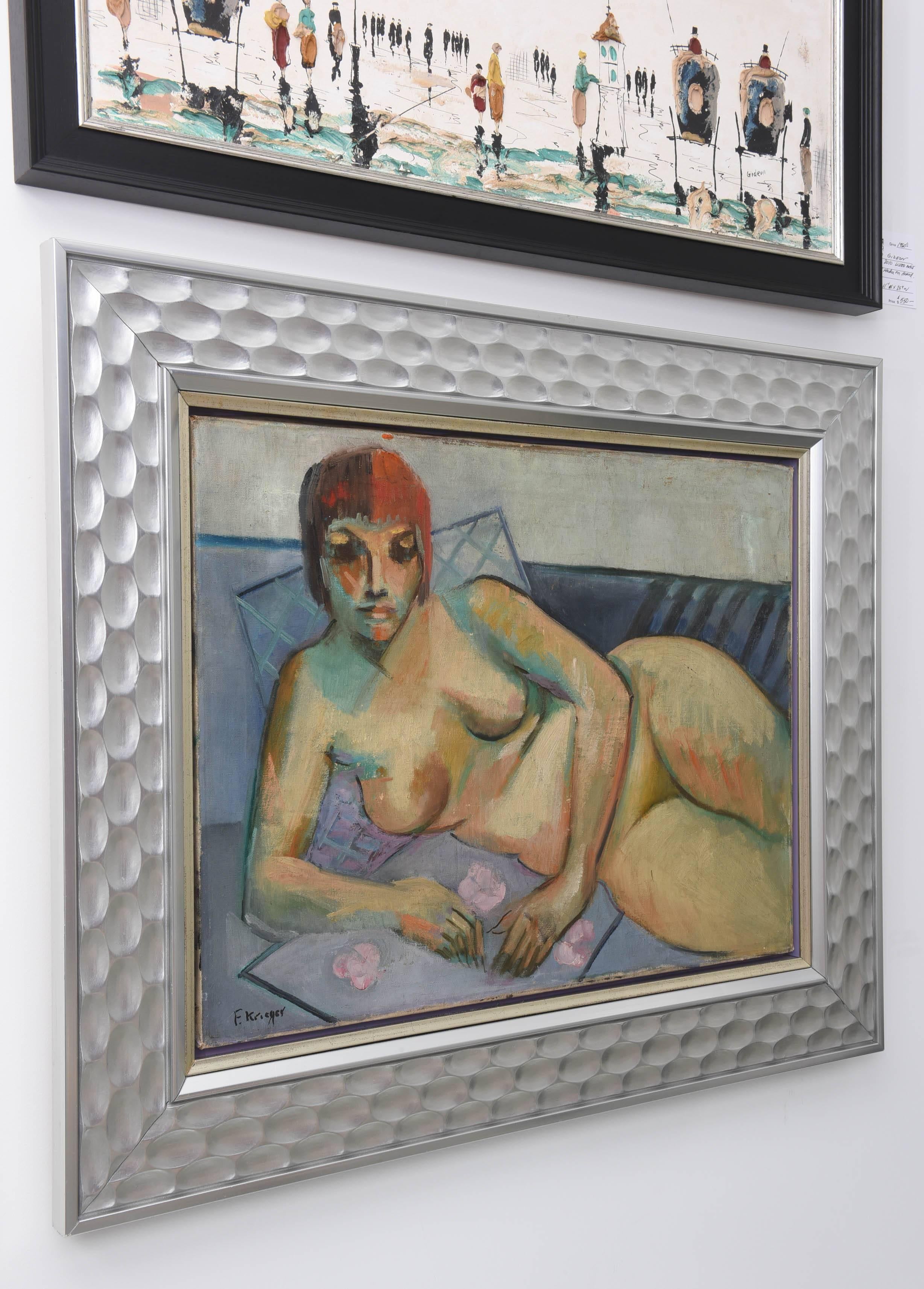 Mid-Century Modern Painting of Nude Female, Artist Signed F. Krieger, American 1