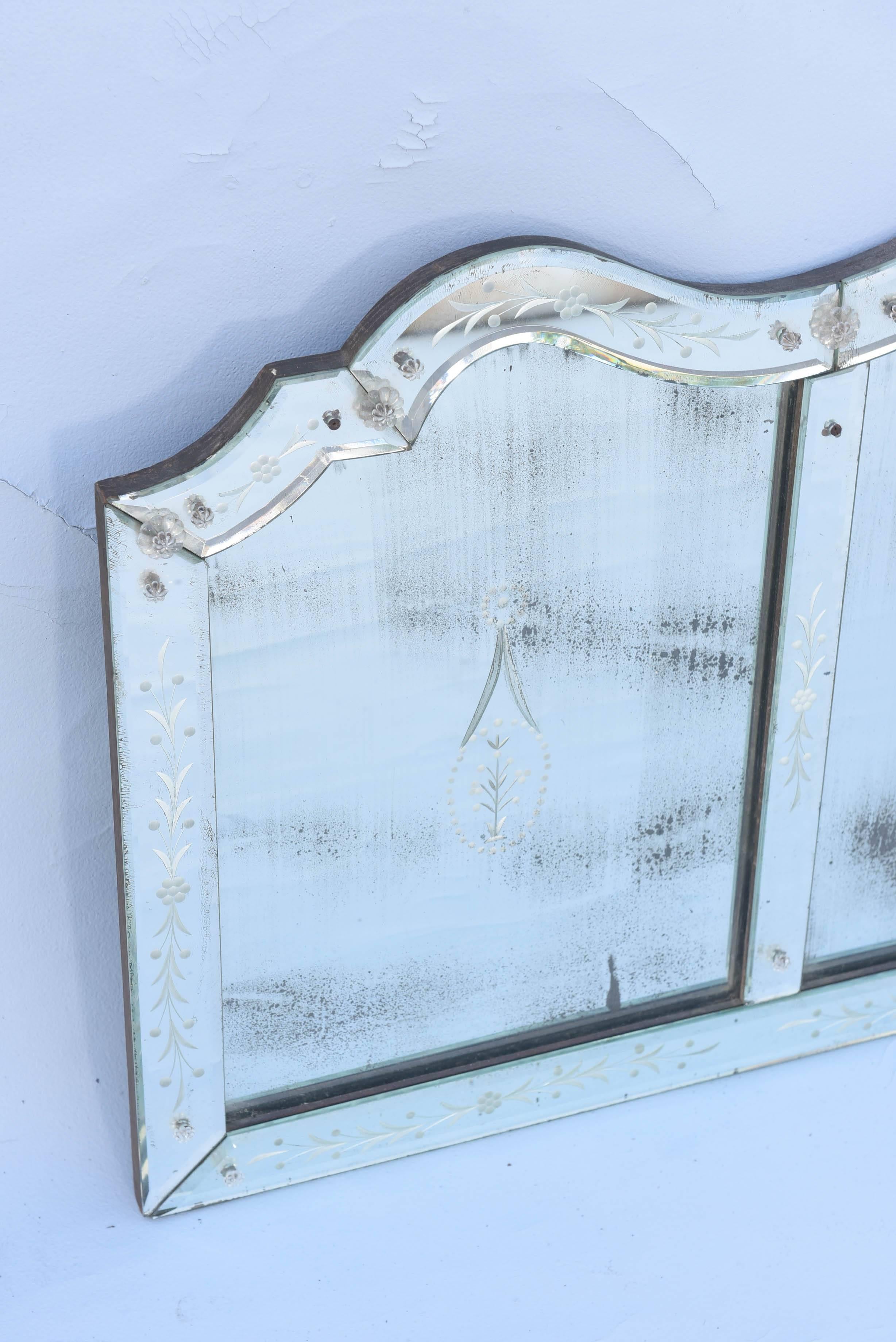 Italian Etched Venetian Glass Overmantel Mirror