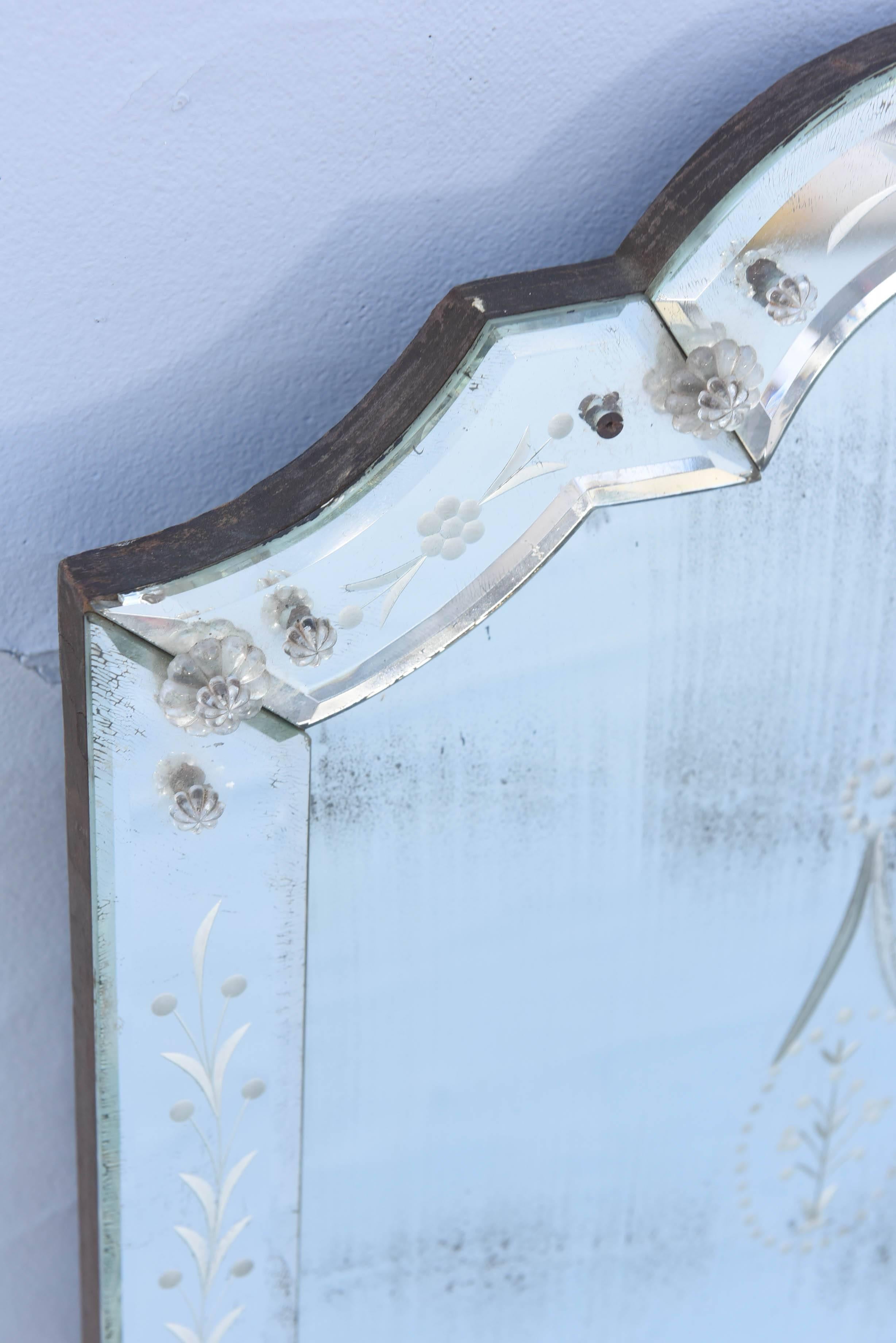 Etched Venetian Glass Overmantel Mirror In Excellent Condition In West Palm Beach, FL