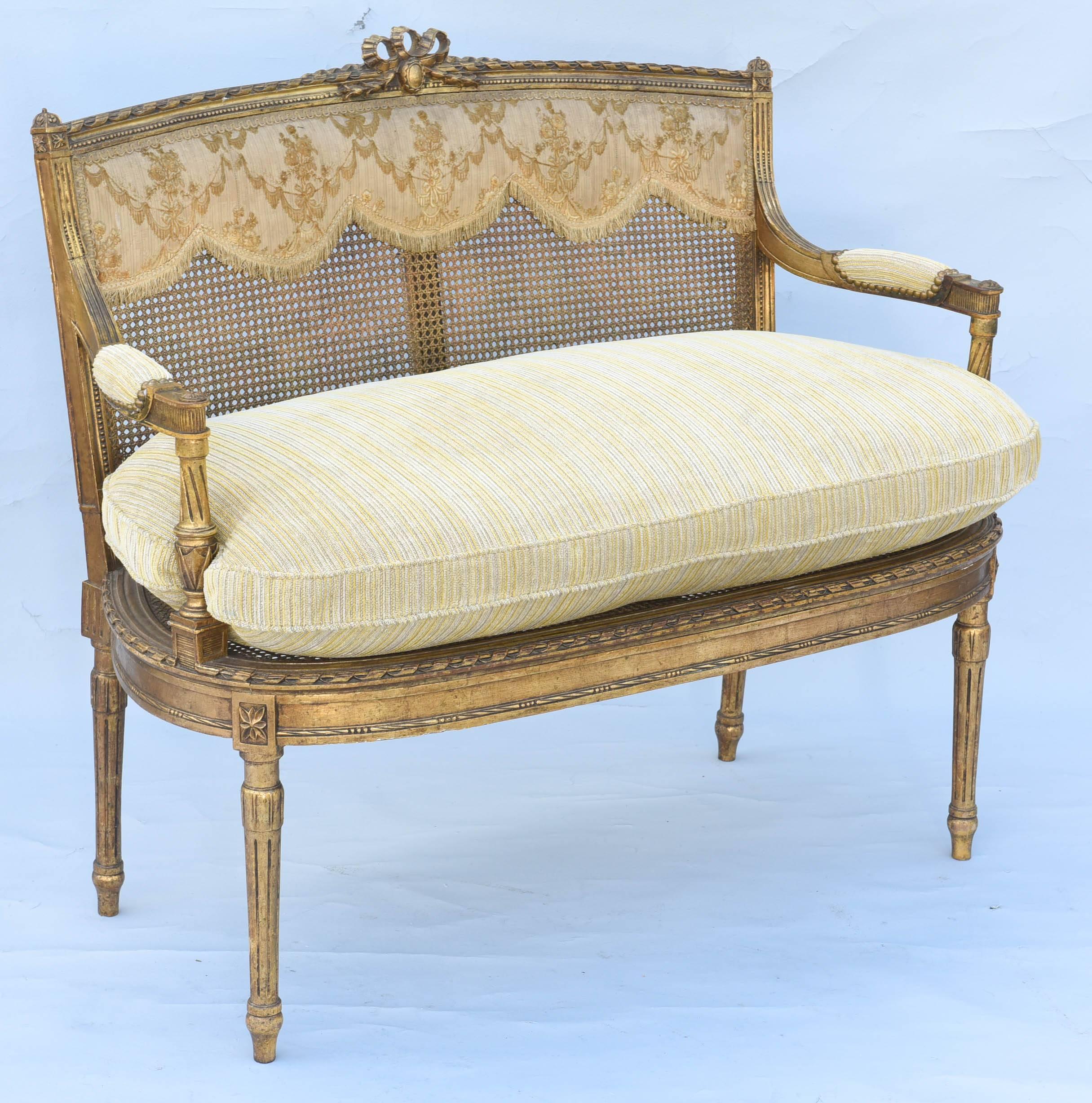 Carved Fine 19th Century French Louis XVI Giltwood Settee with Caning 