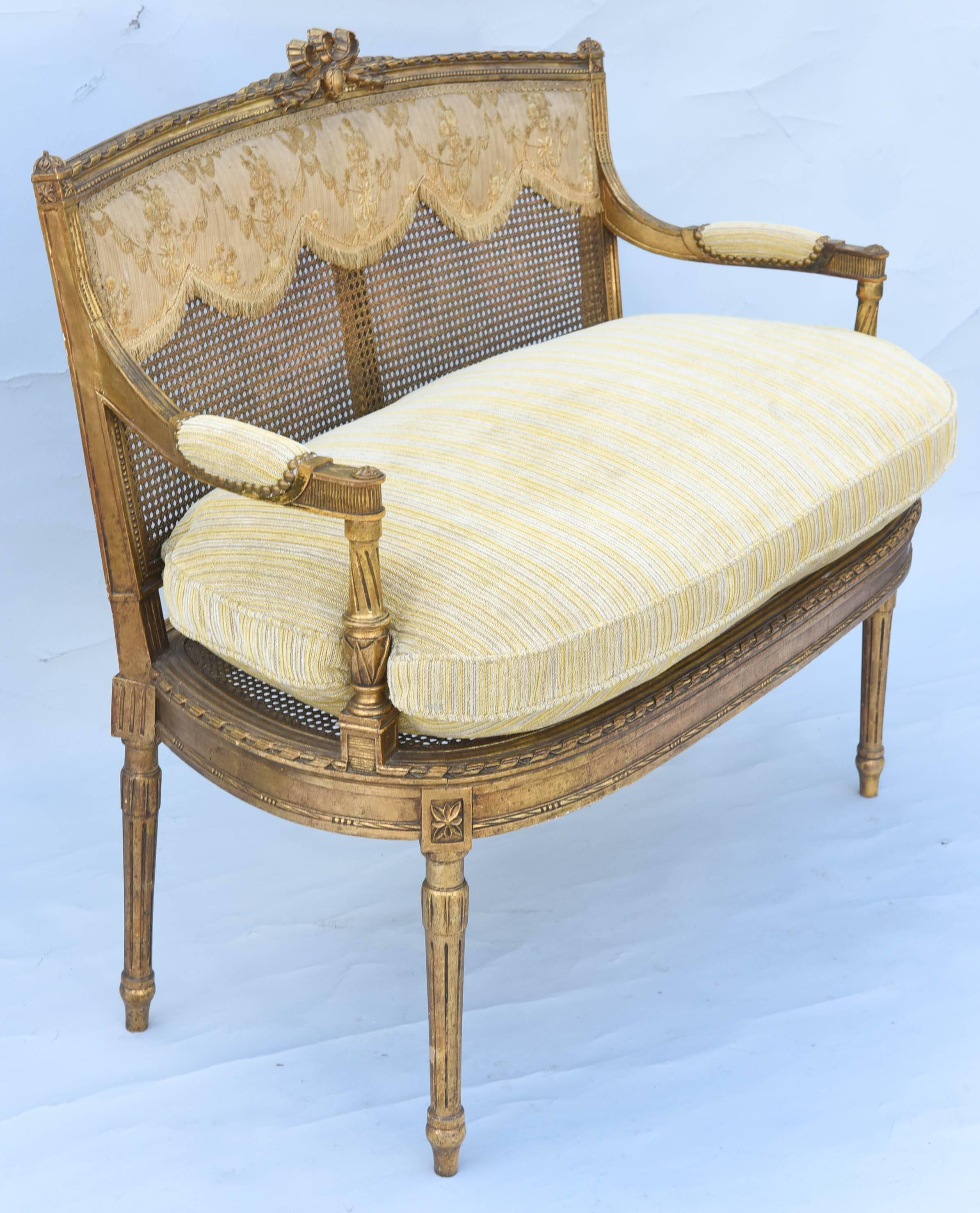 Fine 19th Century French Louis XVI Giltwood Settee with Caning  1
