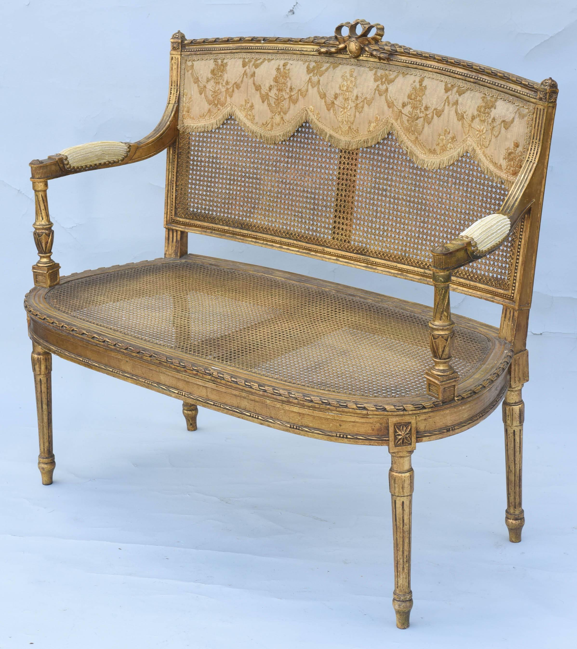 Fine 19th Century French Louis XVI Giltwood Settee with Caning  3
