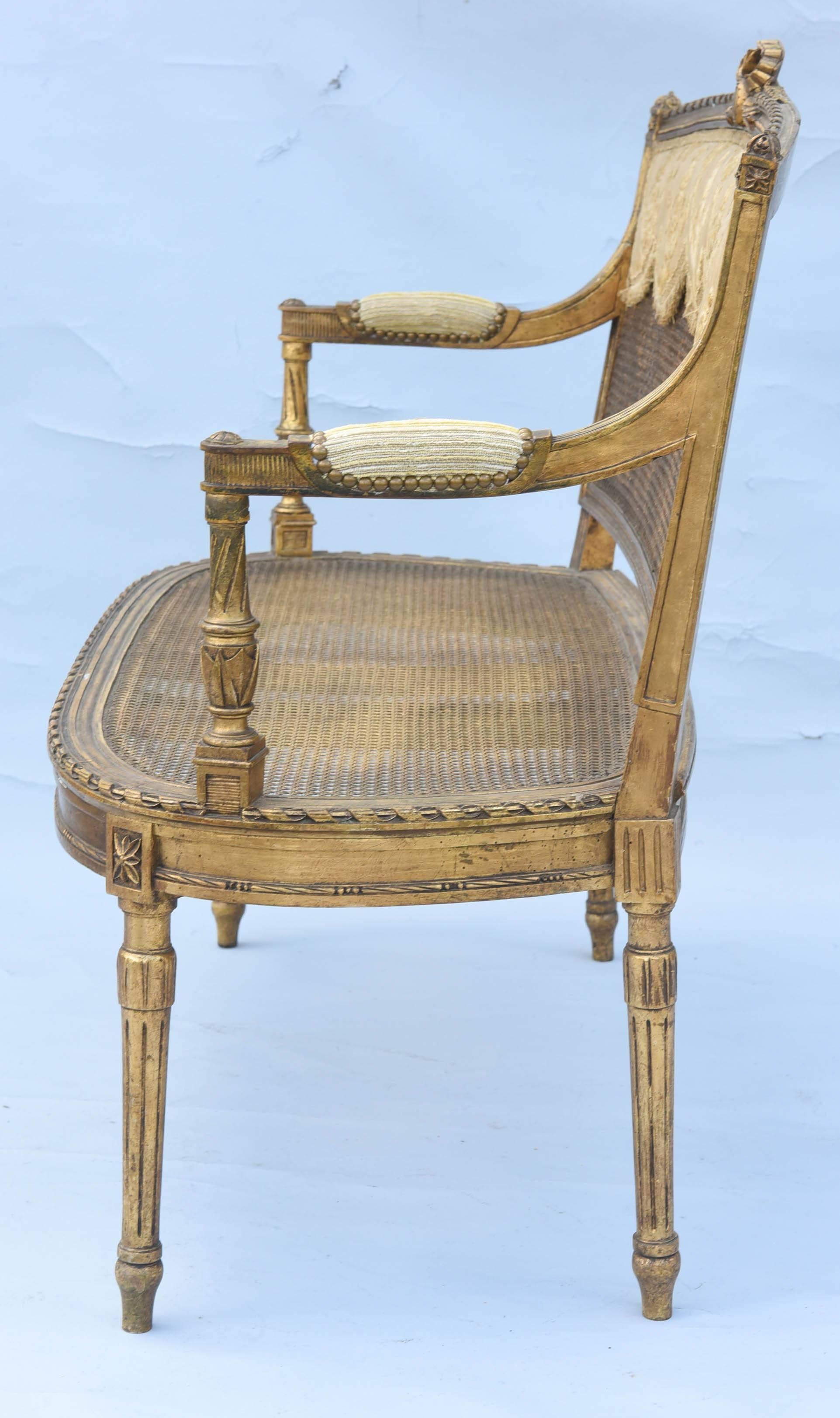 Fine 19th Century French Louis XVI Giltwood Settee with Caning  5