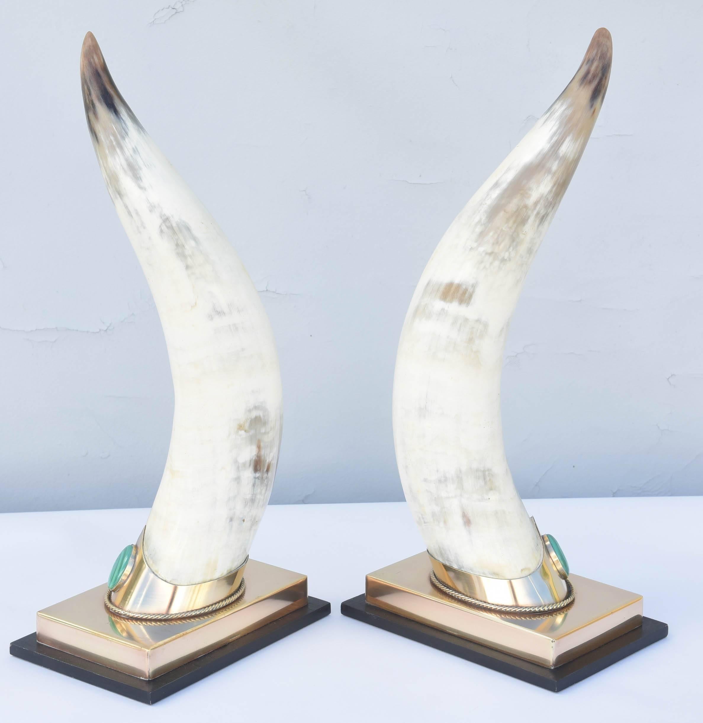 Pair of Decorative Malachite Embellished Bull Horns by Anthony J. Redmile In Excellent Condition In West Palm Beach, FL
