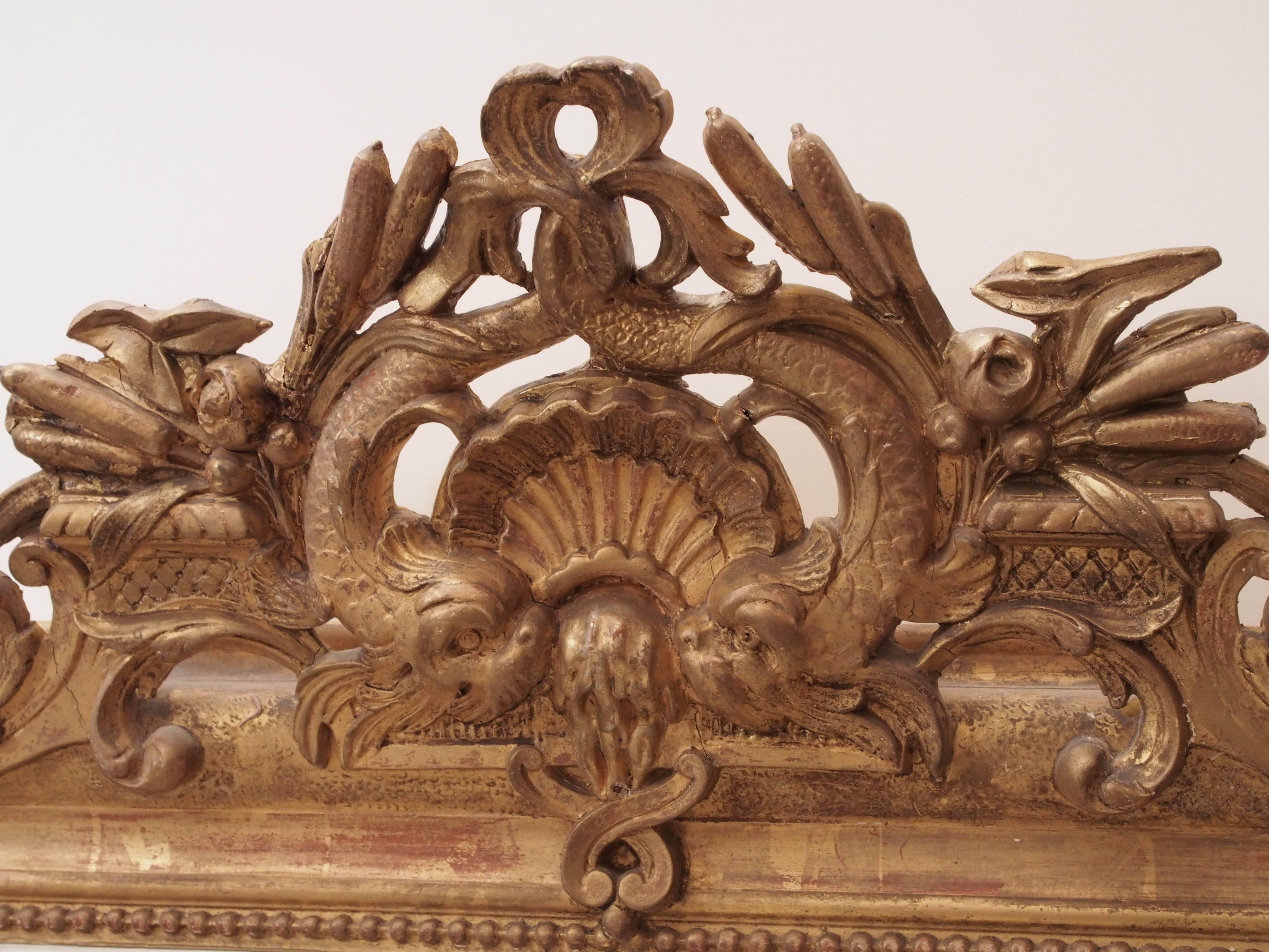 Beautiful 19th Century French Louis XVI Gilt Wood Frame with intricate carvings. The carved crest has detailed koi fish & water plant motifs. These carved details are also found at the bottom corners. The painted gold frame also has hand carved
