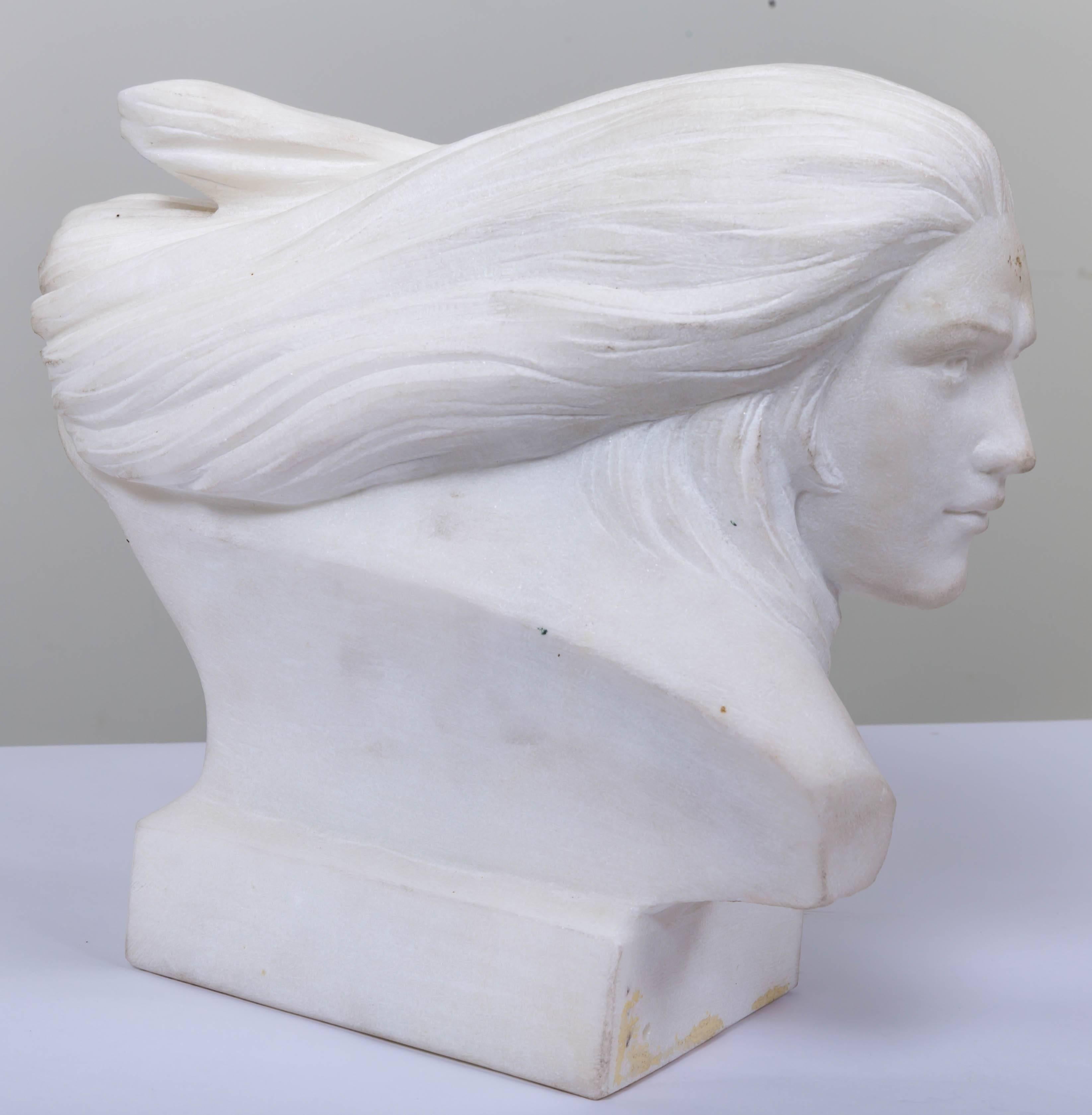 Alabaster Bust of Woman with Flowing Hair in the Style of Art Noveau In Good Condition In Southampton, NY