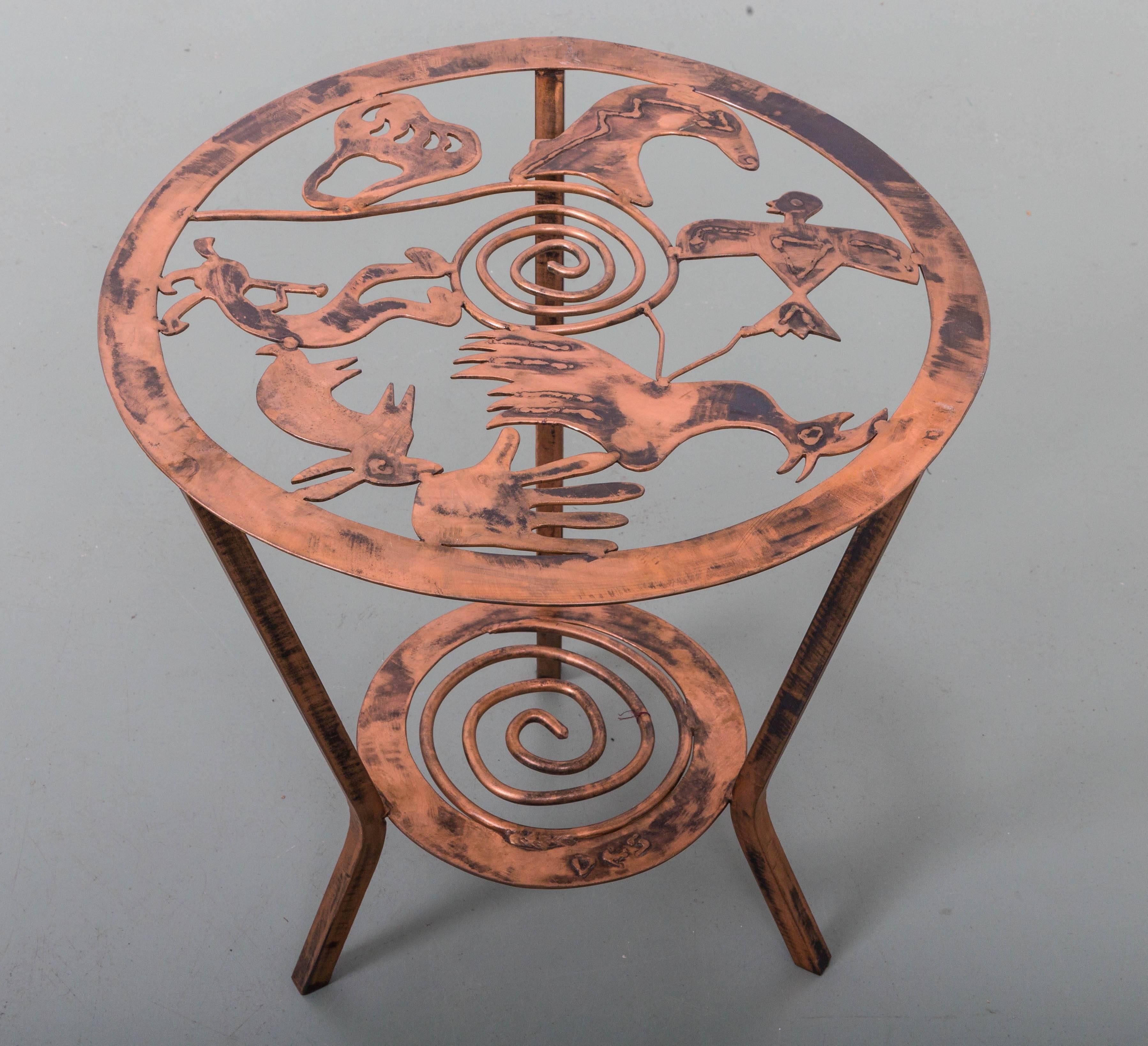 Copper Side Table with Stylized Native American Motifs In Good Condition For Sale In Southampton, NY
