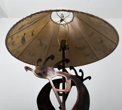 Copper Table Lamp with Stylized Native American Motifs and Leather Shade
