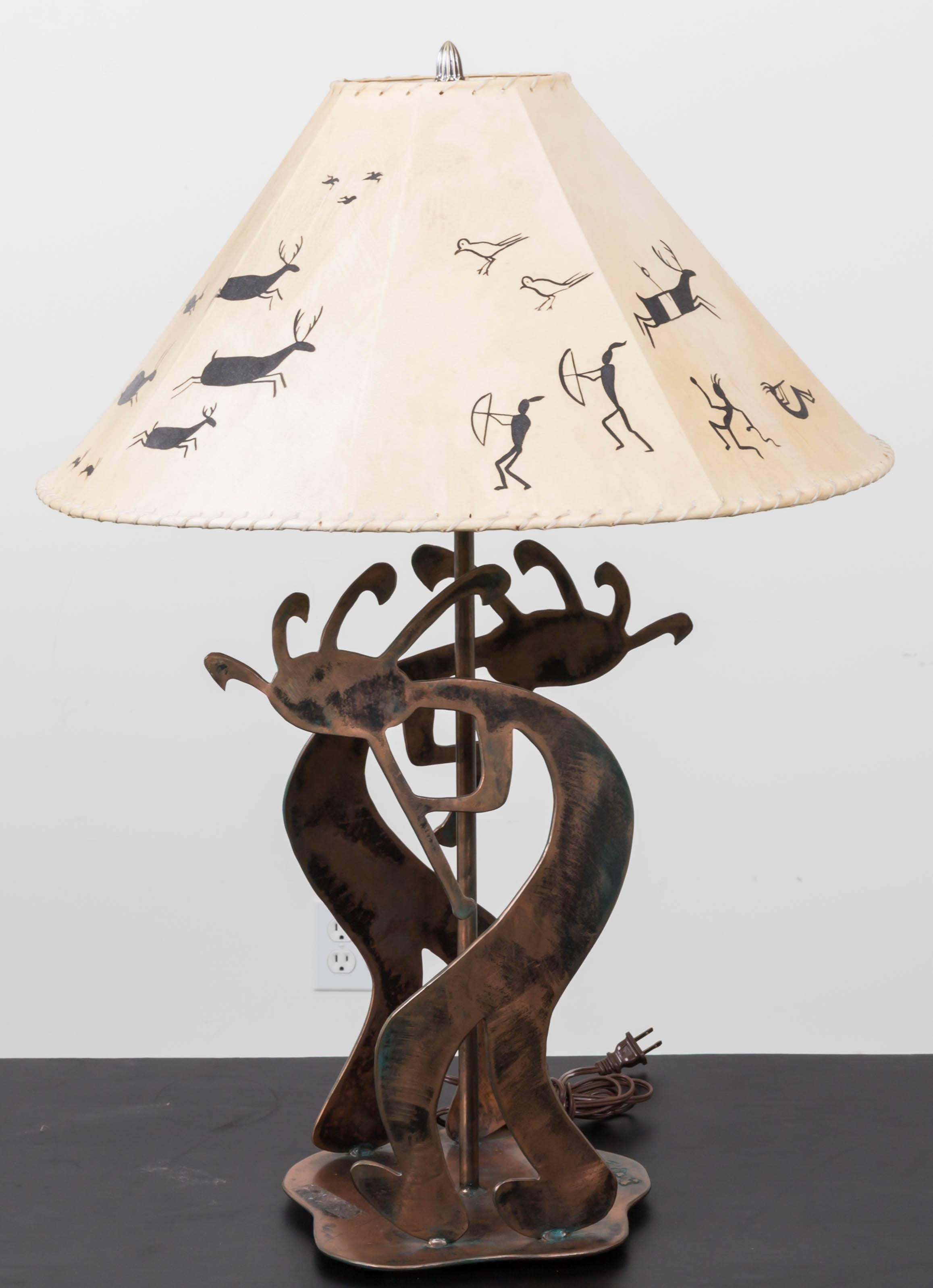 Copper Table Lamp with Stylized Native American Motifs and Leather Shade For Sale 1