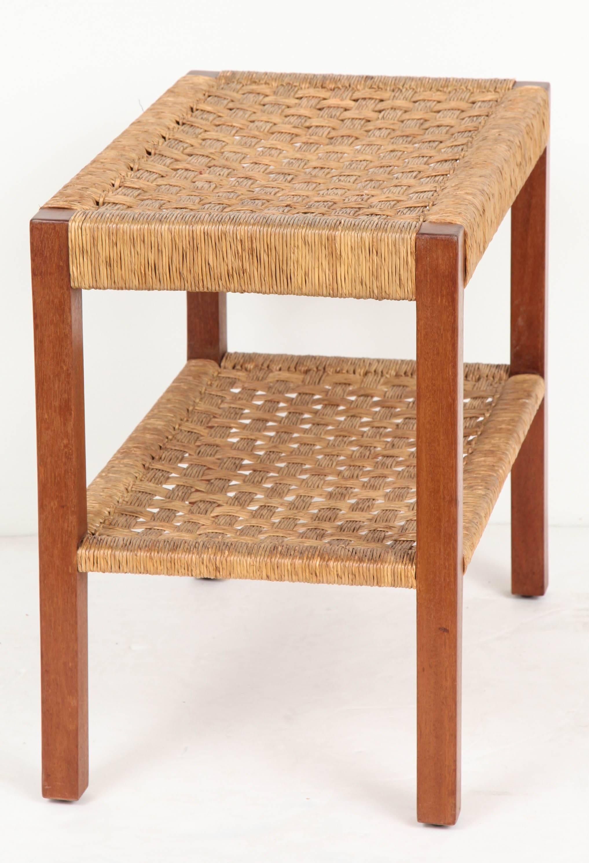 Hand-Woven French Walnut and Woven Rush Two-Tier Table