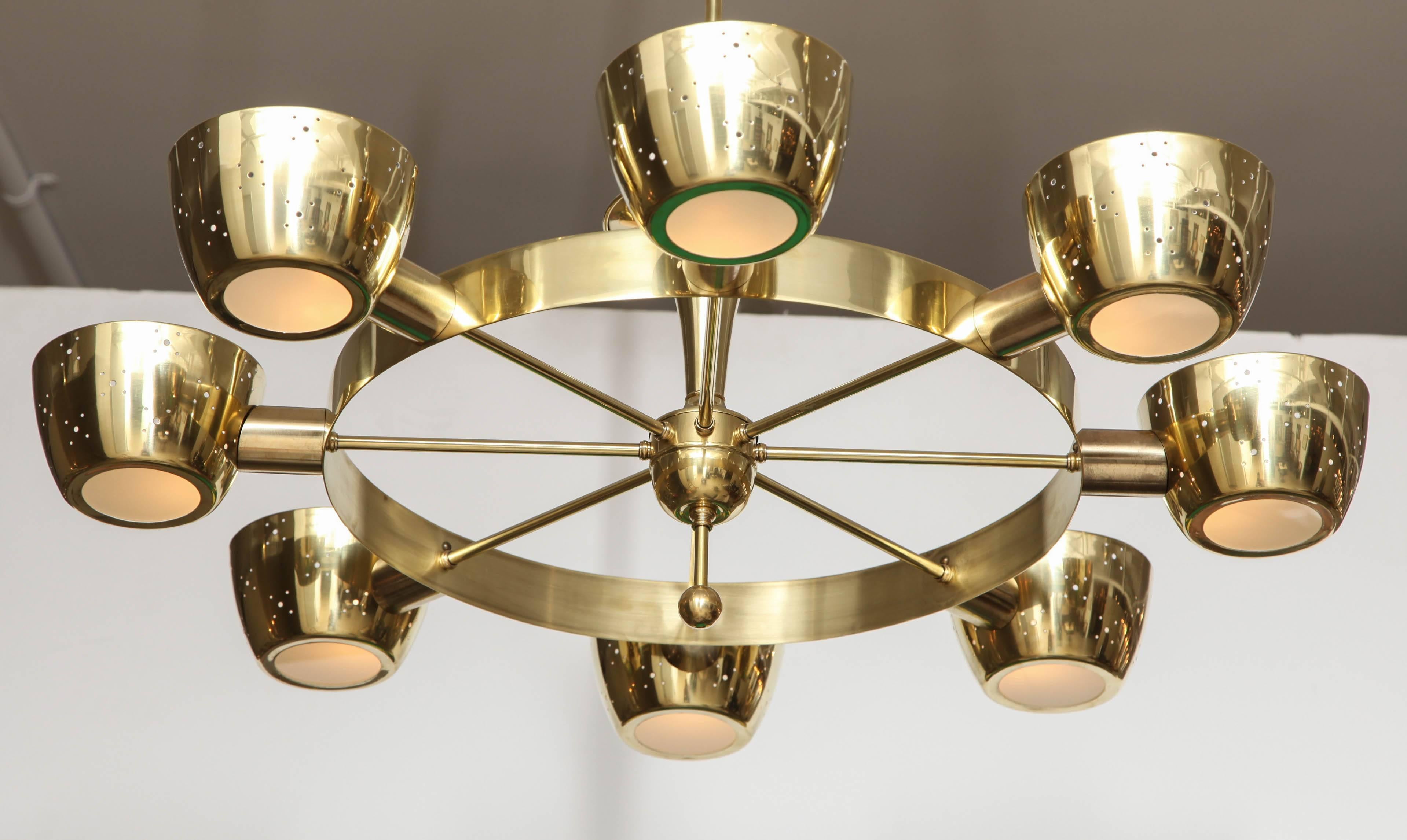 Frosted Brass Eight-Light Chandelier by Gerald Thurston for Lightolier