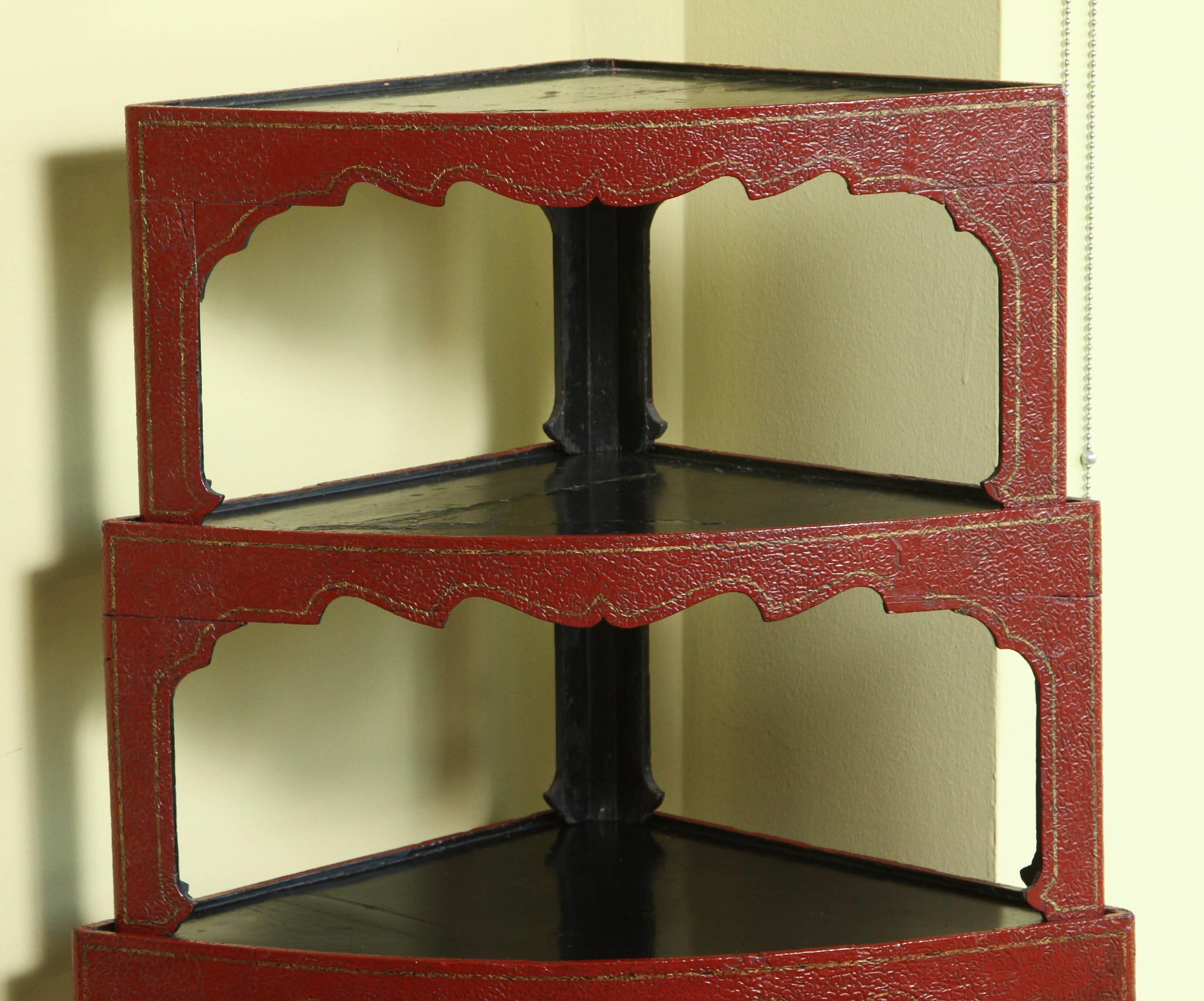 A set of five Japanese corner nesting tables in red lacquer with a gilt line, 19th century. A set of five is very difficult to find!