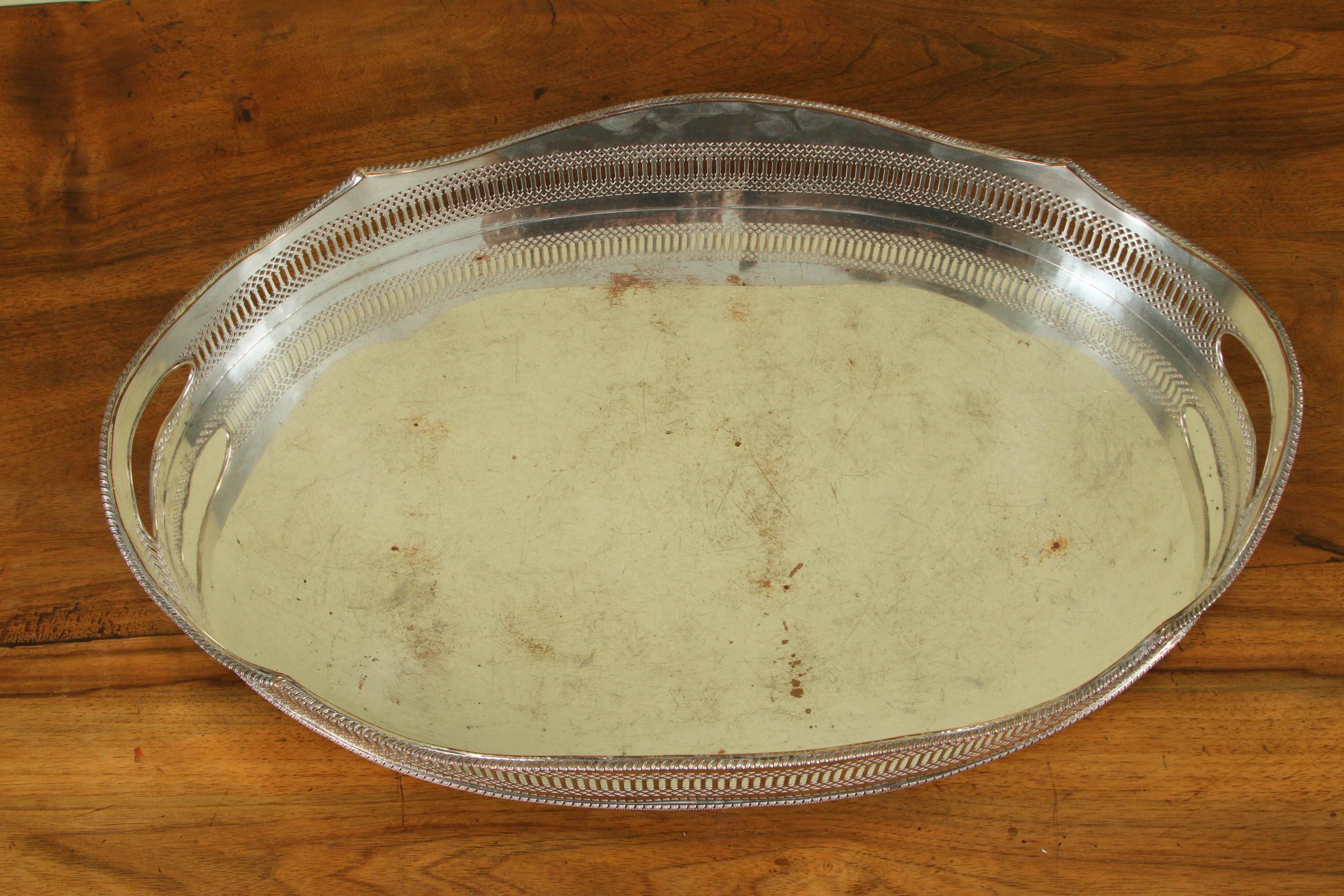 A Large Oval Early Sheffield Silver Gallery Tray with Hand-Cut Outs 1
