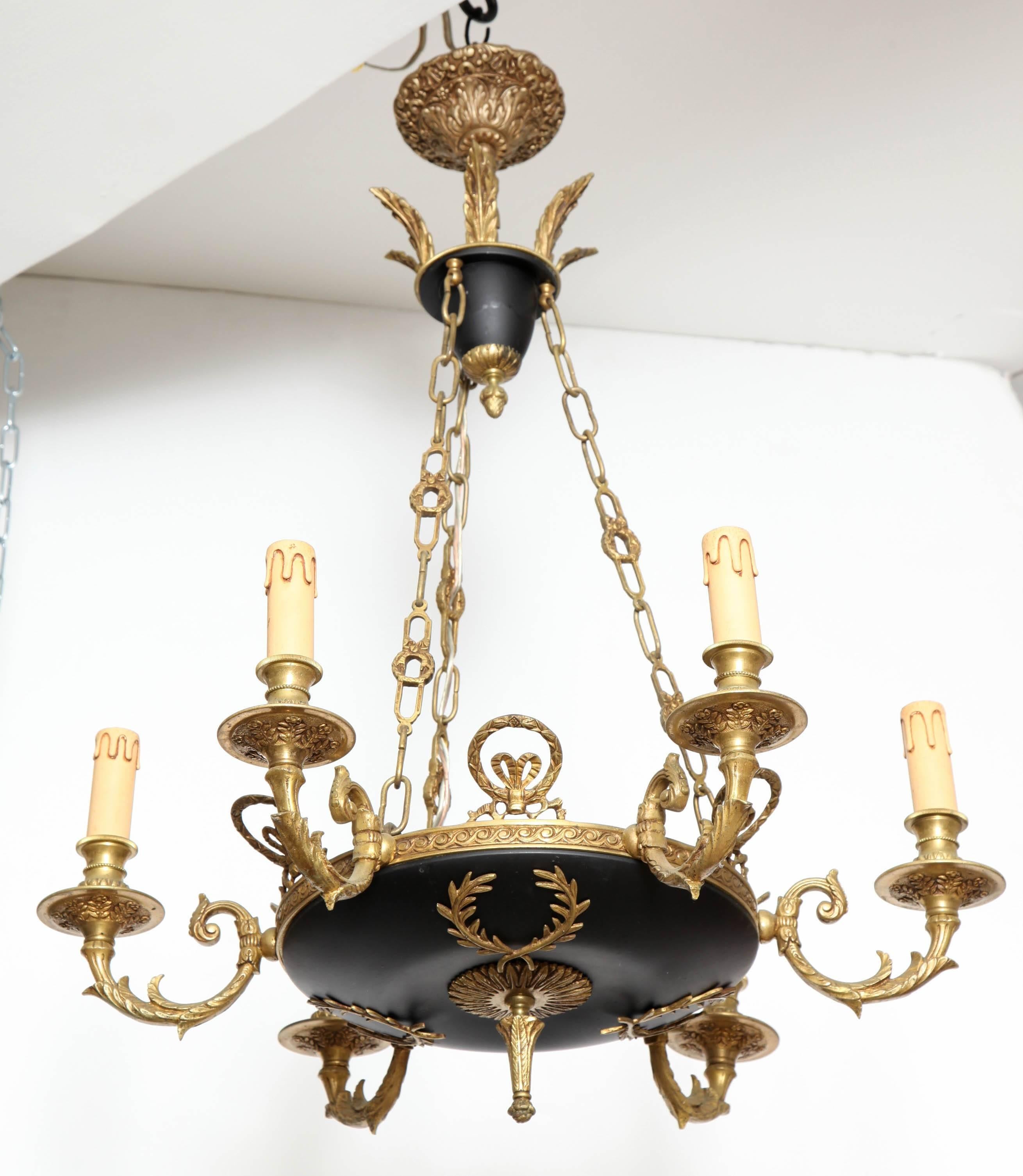 Empire style chandelier in 2 patinated bronze black and faded gold with chain and canopy
6 arms
