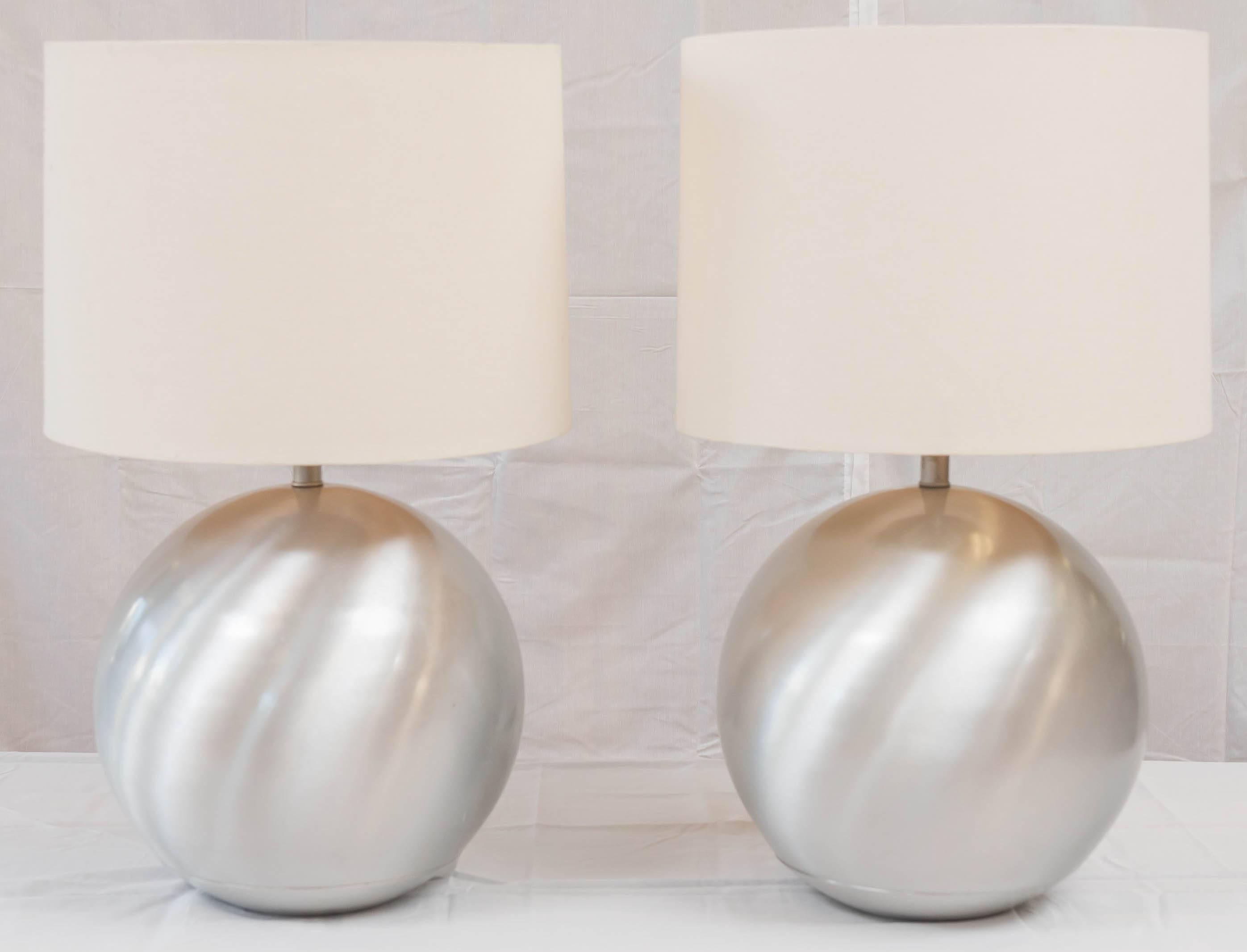 A very nice looking pair Russel Wright for Raymor spun aluminum lamps, circa 1950s. Newly rewired, new sockets, cord and plug. (Shades are not included) 