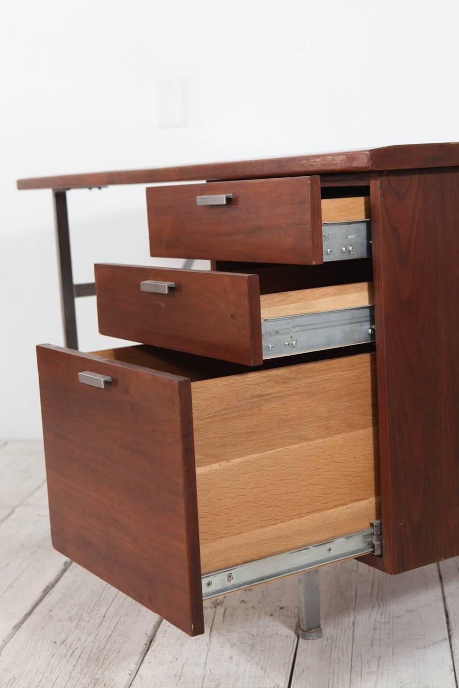 Midcentury Walnut and Stainless Steel Three-Drawer Desk 1