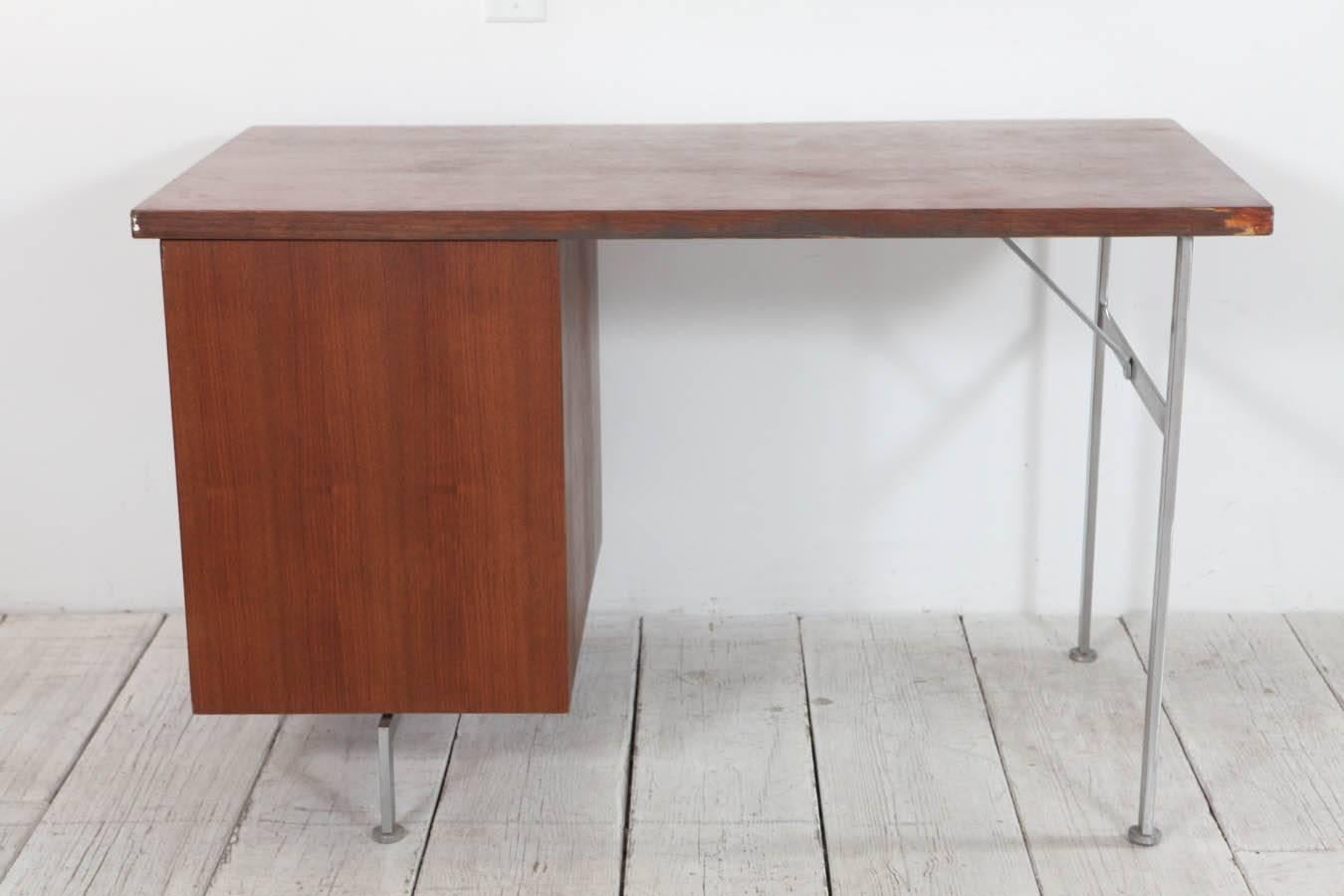 Midcentury Walnut and Stainless Steel Three-Drawer Desk 2