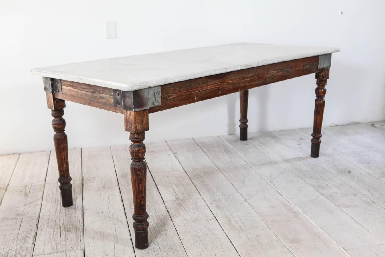 Mid-20th Century Italian Farm Table with White Marble Top