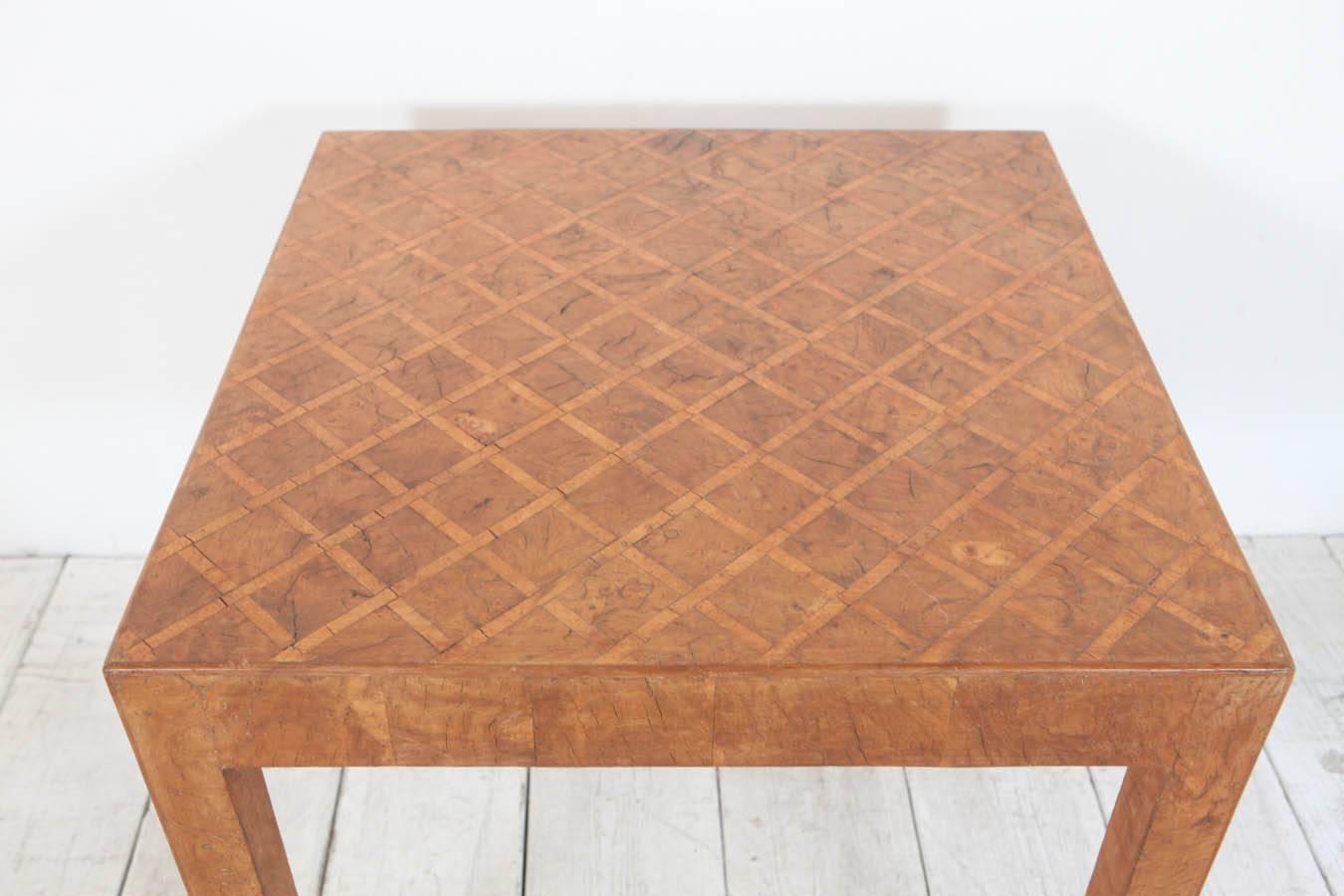Tall Square Side Table in Burl Marquetry Finish In Good Condition In Los Angeles, CA