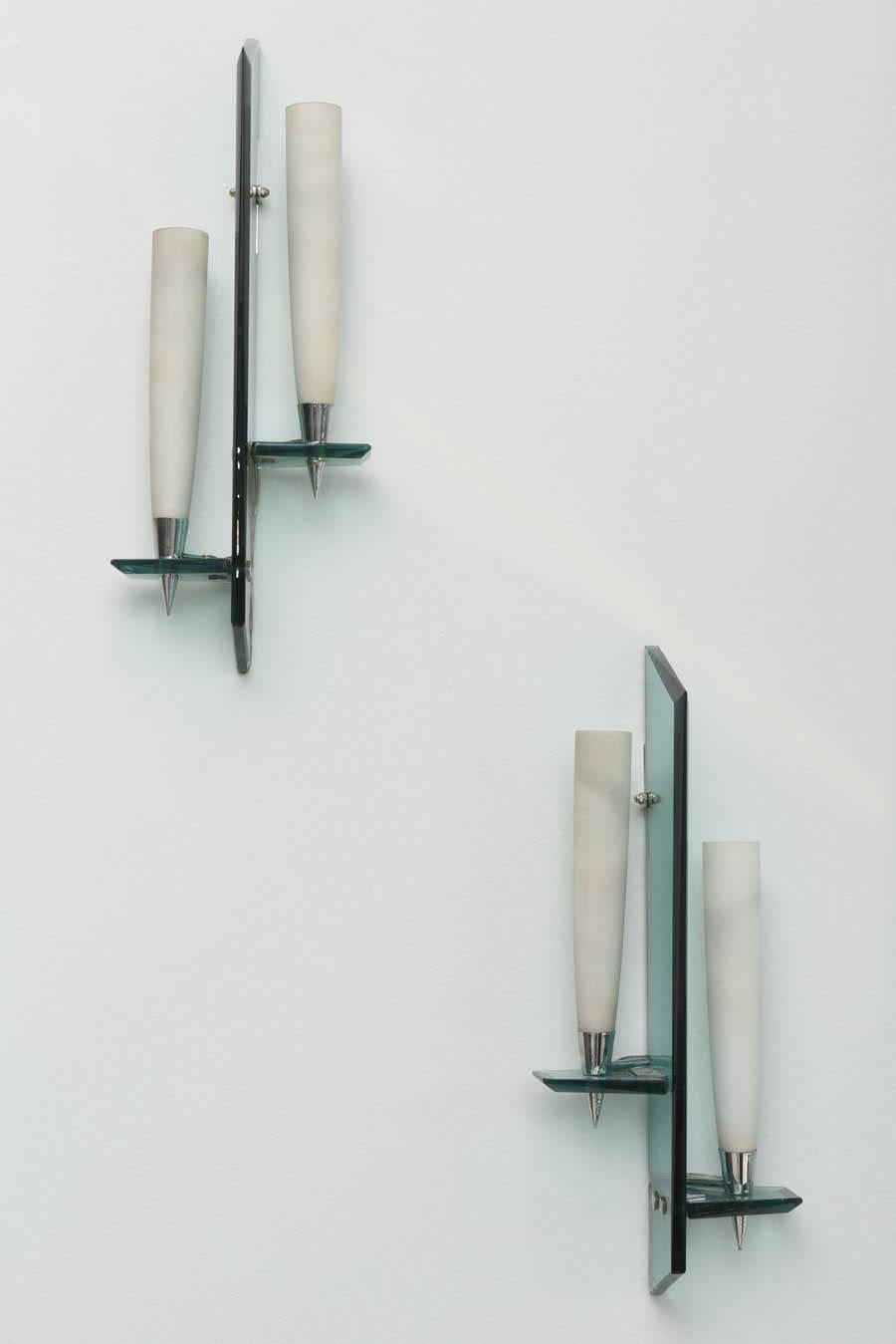 Pair Italian Modern wall lights, max ingrand for Fontana Arte, 1950's.