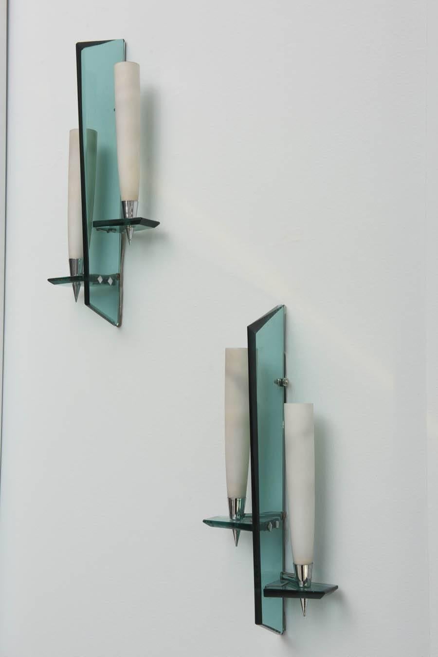 Mid-20th Century Pair Italian Modern Wall Lights, Sconces, Max Ingrand for Fontana Arte, 1950 For Sale