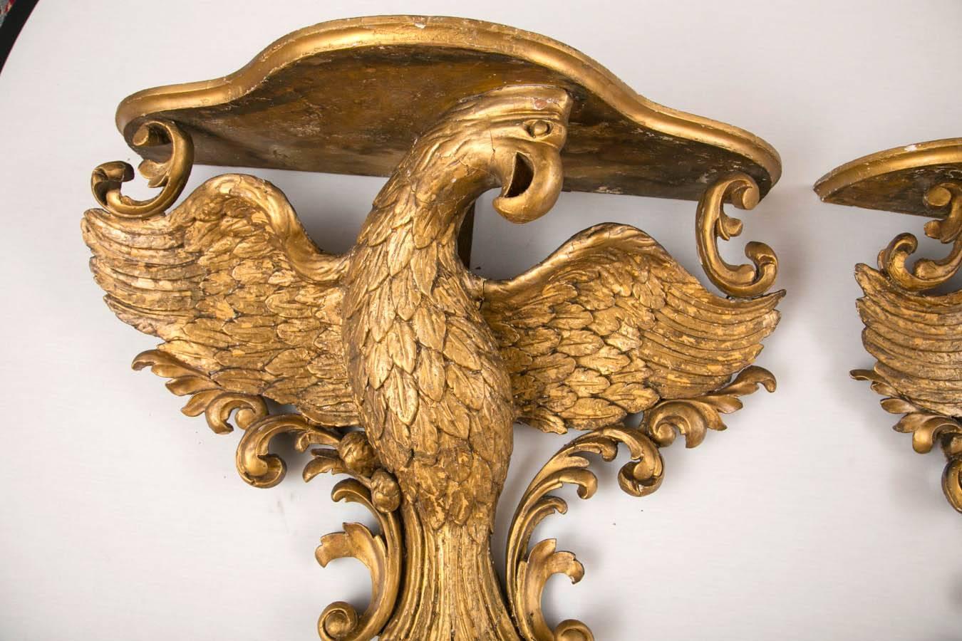 Pair of gilt-gesso and wood-carved eagle-form wall brackets, the shaped and molded shelves above spread wing eagles in opposing stances on acanthus volutes, America, mid-late 19th century. Measures: 23 inches high by 30 inches wide by 12 inches deep