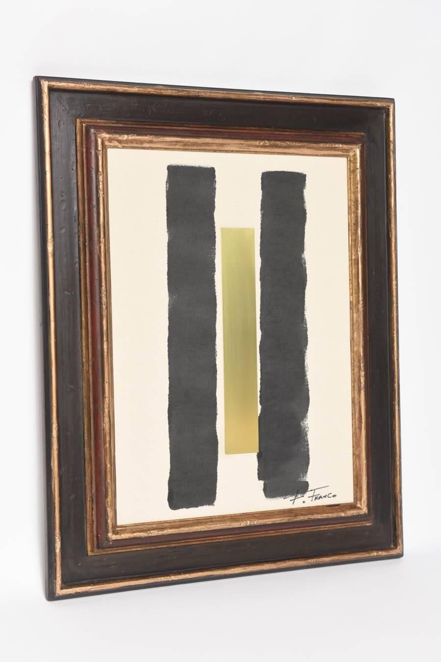 Framed by the artist with an antique frame, this abstract composition is made with brass metal plaque and industrial oil paint on rustic canvas by artist Francisco Franco.

NOTE:  this item will ship from our MIAMI showroom.