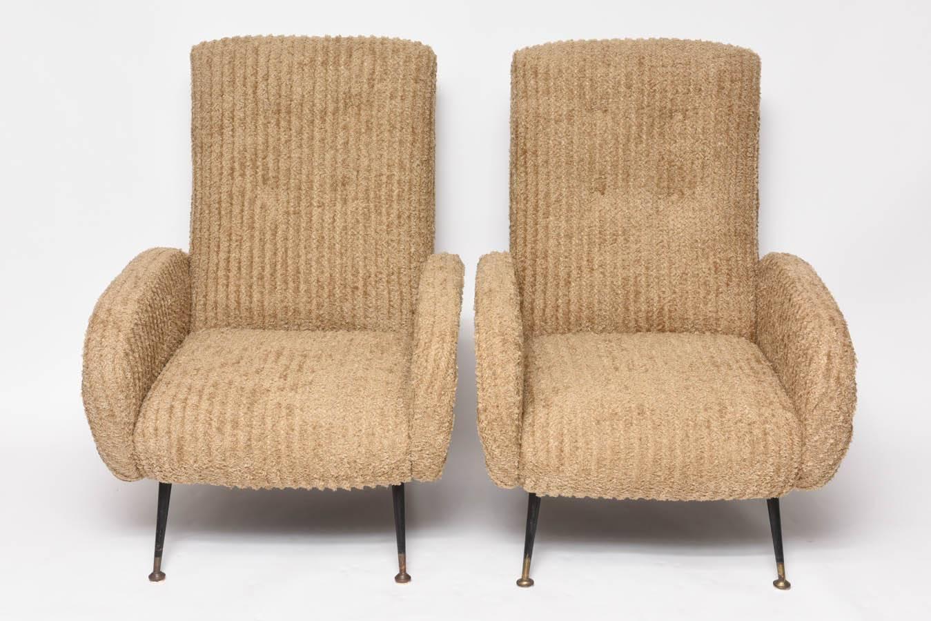 Pair of Italian Mid-Century lounge chairs in the manner of Marco Zanuso newly upholstered in Beacon Hill Caramel thick corduroy mohair.  These are original vintage chairs not new custom designs.

NOTE:  These items will ship from our MIAMI