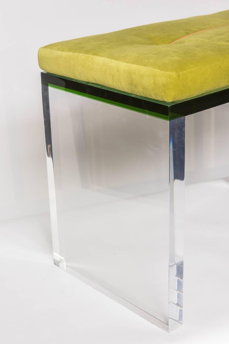 Two-toned Lucite custom designed bench with cushion affixed by leather strapping which ties to underside of bench seat (see detail pics).

Note: Matching desk/console available, sold separately.

This item is currently in our Miami showroom.
