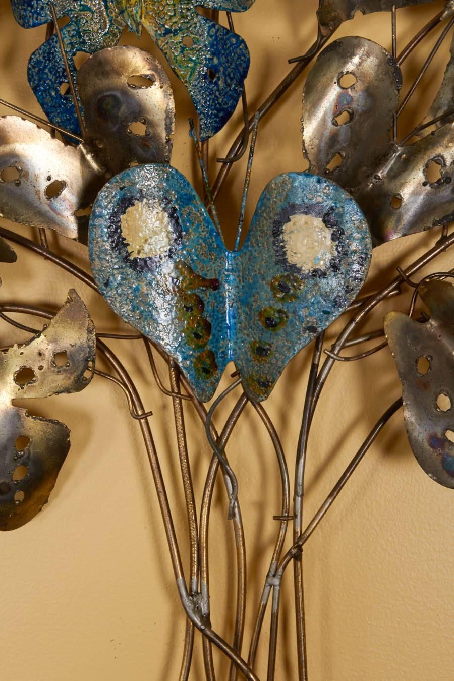 Charming, mixed metal wall sculpture with colored enameled accents and butterflies. Please contact for location. 