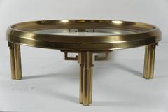 1970's mastercraft round brass coffee table with greek key detail