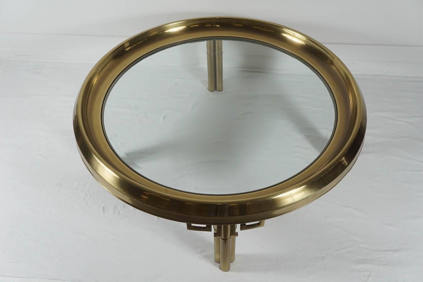 Mid-Century Modern 1970's mastercraft round brass coffee table with greek key detail For Sale