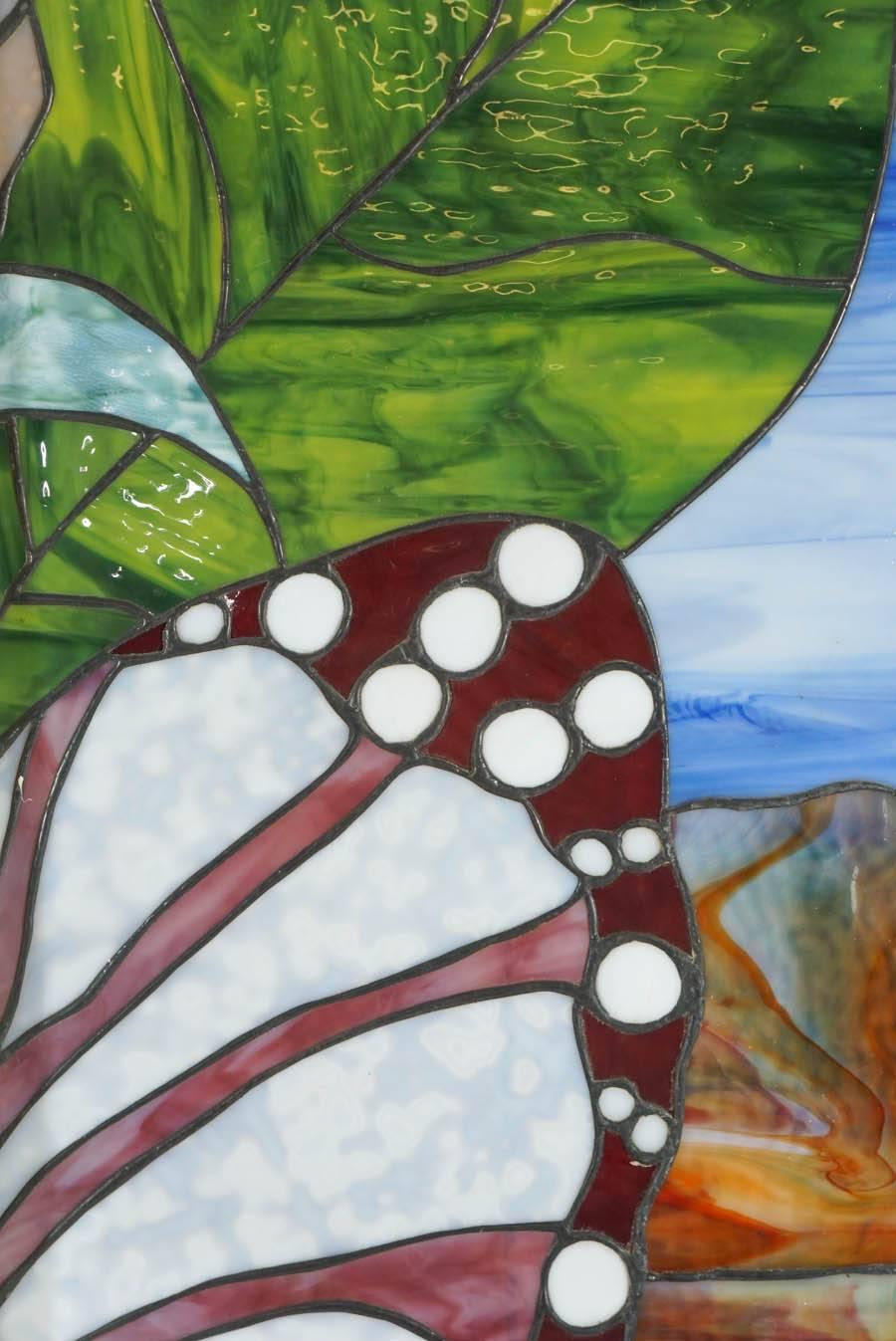 Arts and Crafts Pair of Beautiful Stained Glass Windows with Butterfly