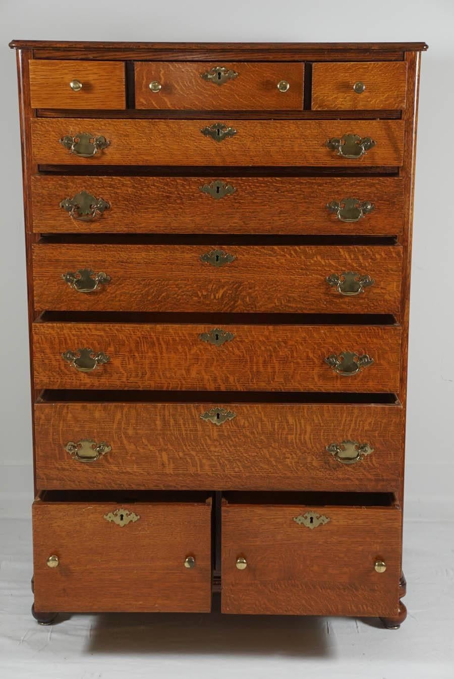 Early American Gentlemans Tall Chest of Drawers in Oak and Brass In Excellent Condition In Canaan, CT