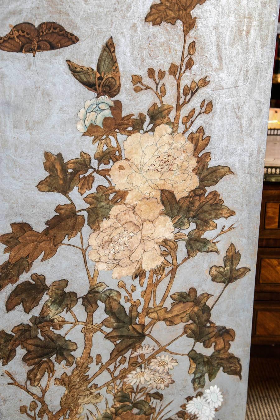 Hand-Painted Three-Panel Screen In Excellent Condition In Stamford, CT