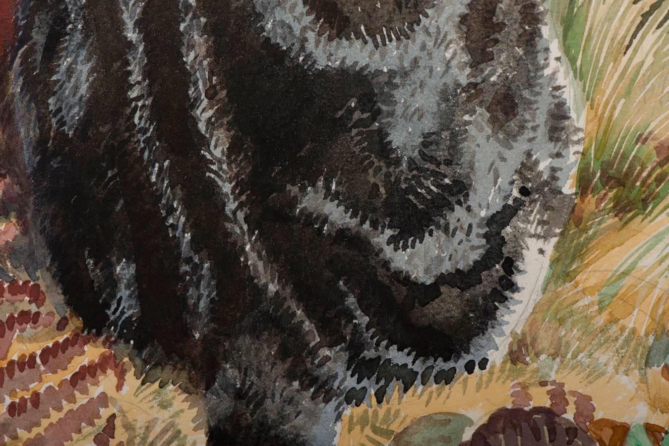 Tunnicliffe watercolour painting “Cat among Ferns”, England circa 1970 In Excellent Condition In Macclesfield, Cheshire