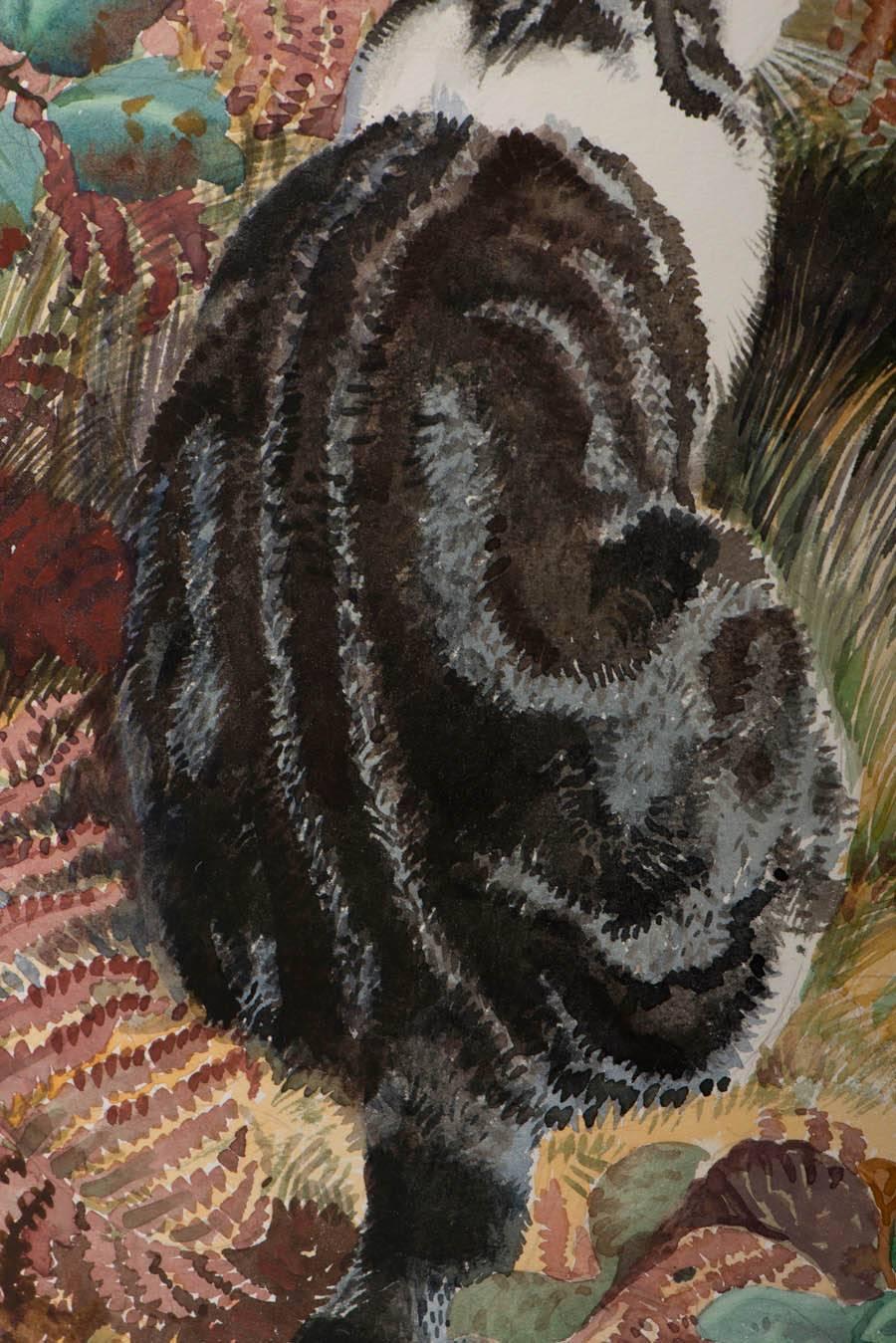 Late 20th Century Tunnicliffe watercolour painting “Cat among Ferns”, England circa 1970
