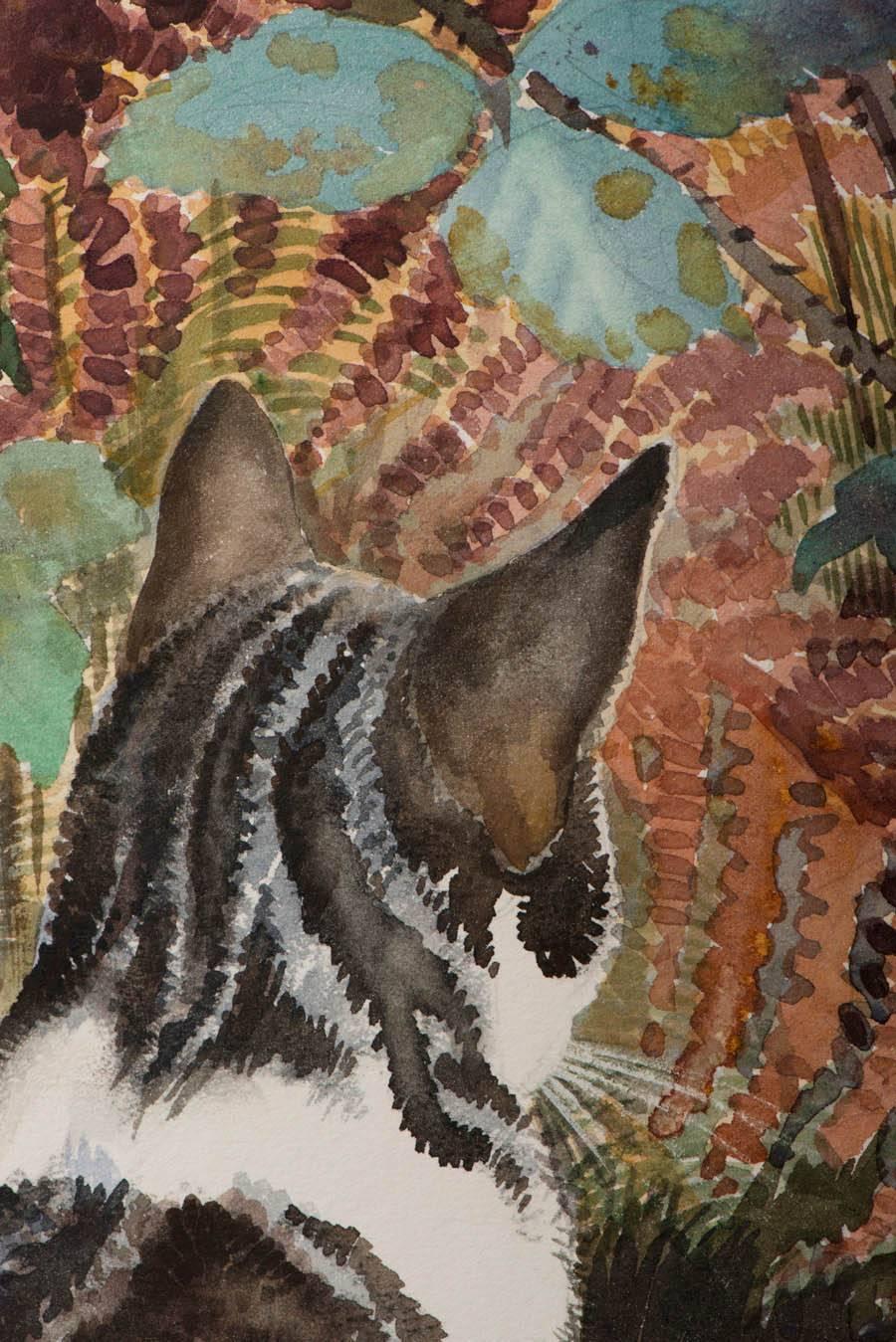 Watercolor Tunnicliffe watercolour painting “Cat among Ferns”, England circa 1970