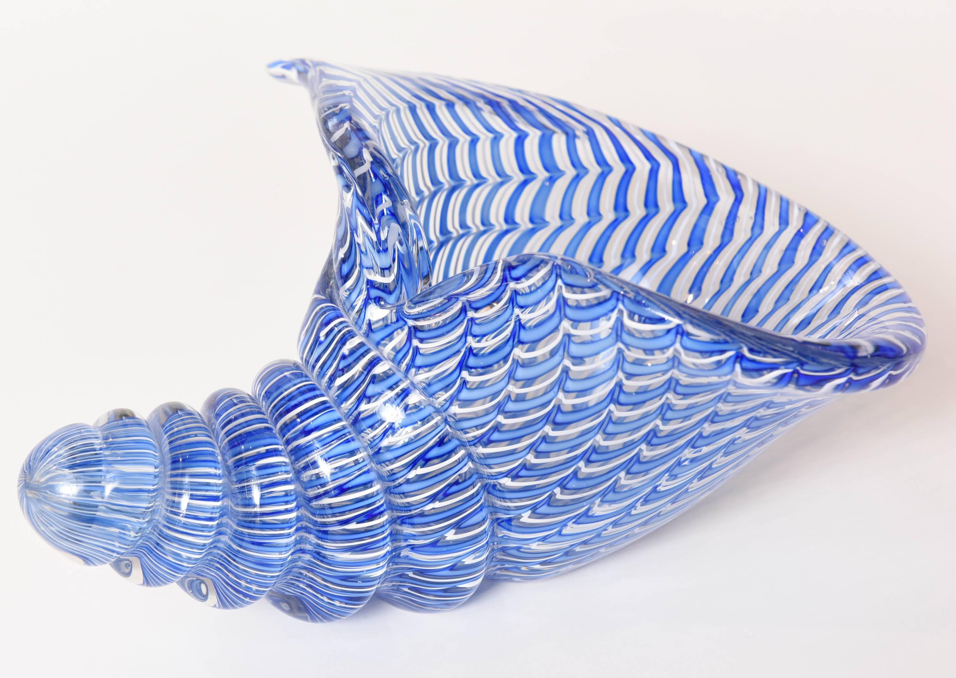 Striking blue and white mid century Murano shell signed by maker, Rossetto.